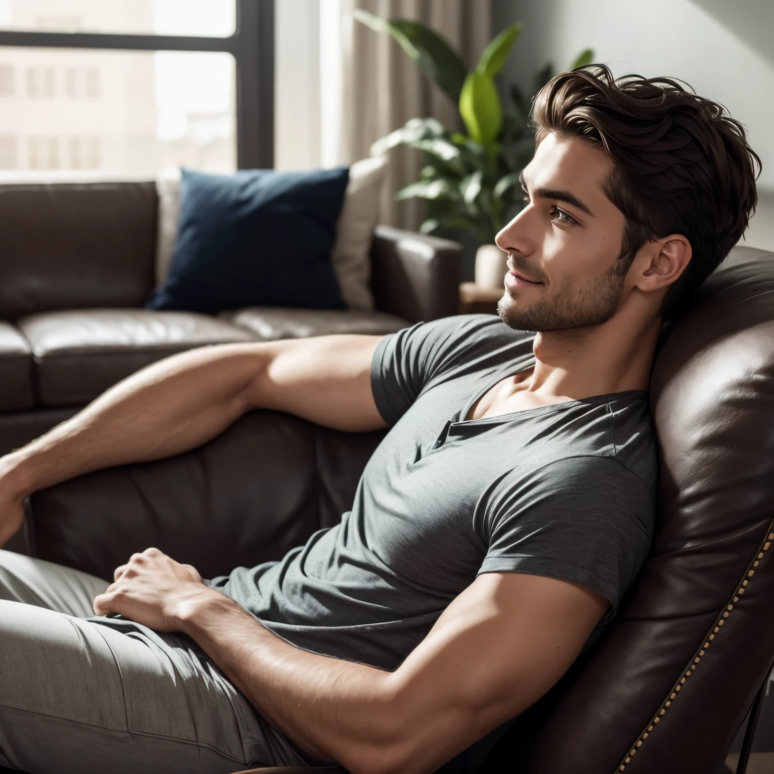 Realistic photo of a handsome 28-year-old man with a round, cinematic-looking face, sitting on the sofa in the reception area in Turkey, premium interior in light colors, luxurious interior, SIDE VIEW, sunny day, light, smiling, pleased, smile on your face, medium length black tousled hair, in light summer clothes, T-shirt and shorts, confident, arrogant, UHD, masterpiece, anatomically correct, super detail, high details, high quality, best quality