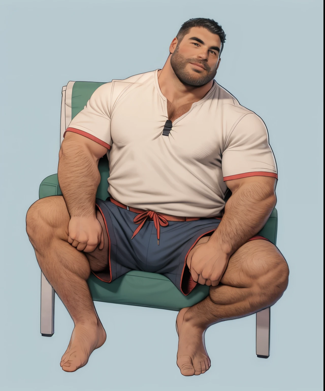 One with a beard、Man in shirt and shorts sitting with legs apart，The crotch was kicked，muscular的, high resolution committee, beef patty pose, Strong and stocky body, SFW version, muscular的 thighs, muscular，go through :5 sexy: 7, strong man，Red inch，beard，Cover your crotch，tight shorts，abdominal hair，Burly and fat，Honest Warrior