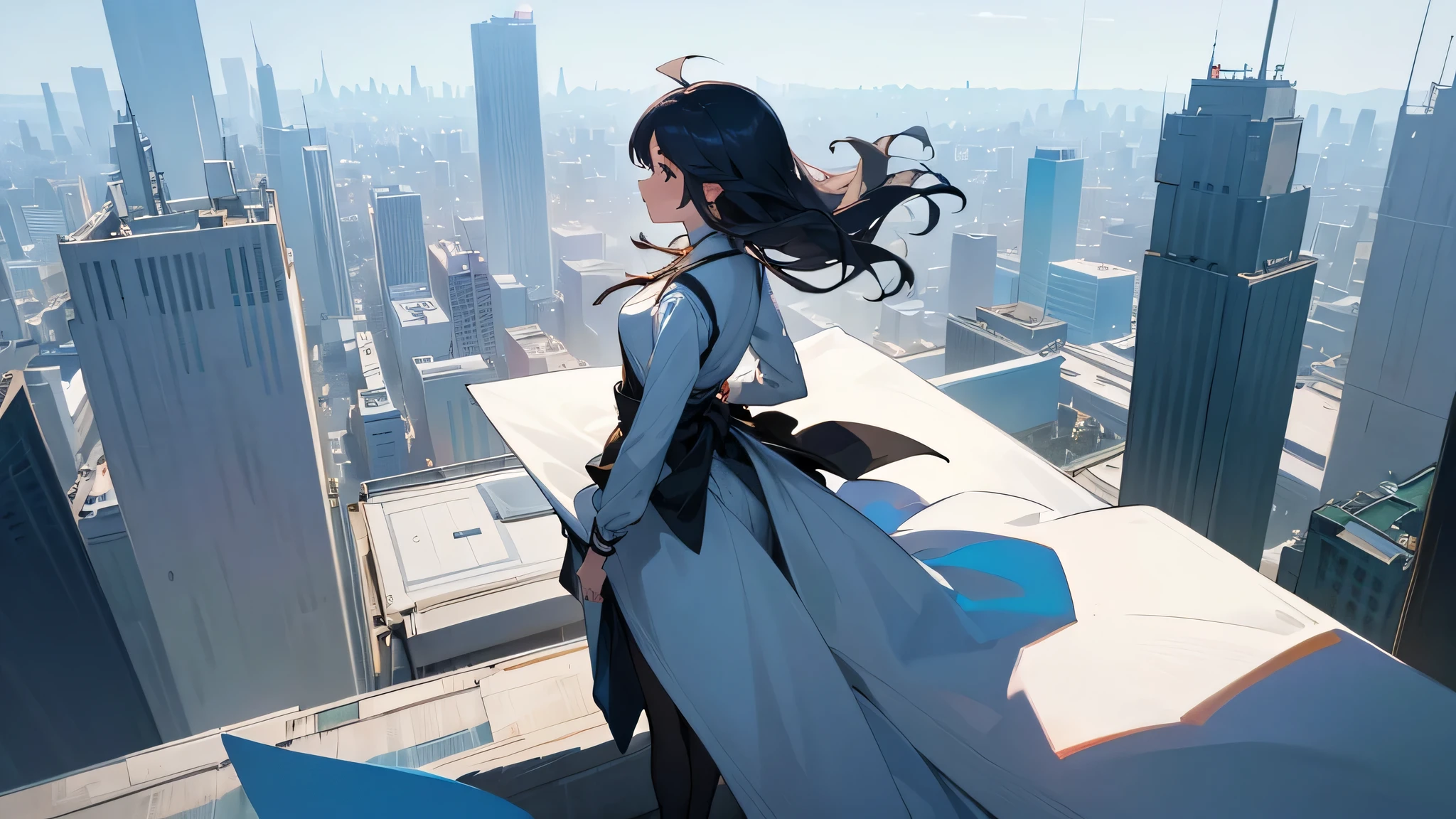 ((Best quality)), ((masterpiece)) (detail), perfect face Very high quality and detailed image of a confident girl standing on the roof of a skyscraper and looking into the distance. her hair flutters in the wind. she stands turned sideways. She stands on the edge of the roof and looks into the distance