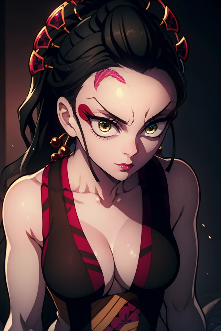 1 chica, en/Kimetsu no Yaba,  cuerpo completo (cuerpo completo 1.1.), una chica demoniaca, esta mirando a la camara, mirando hacia el futuro, Hermosa cintura, pose sexy, cuerpo hermoso (correct anatomy), sexy ropa japonesa, ropa japonesa style, geisha demonio, cara muy hermosa, rostro femenino, cuerpo hermoso is completely visible, obra maestra, Mejor calidad, altura completa (cuerpo completo 1.1.), Hermosa cintura, pies hermosos, alta calidad, Cara muy detallada, profundidad de campo, HDR, Muy detallado, trazado de rayos, cuerpo completo, dark fantasy, tatuaje de demonio, ultra hermosa, Beautiful small breasts., 1 chica, solo, mirando a un espectador, PELO NEGRO, adorno para el pelo, joyas, boca cerrada, ojos verdes , ojos amarillos, ropa japonesa, kimono, constituir, lipstick, pupilas hendidas, ojos brillantes, enojado, labios rojos, palo de pelo, todo el cuerpo