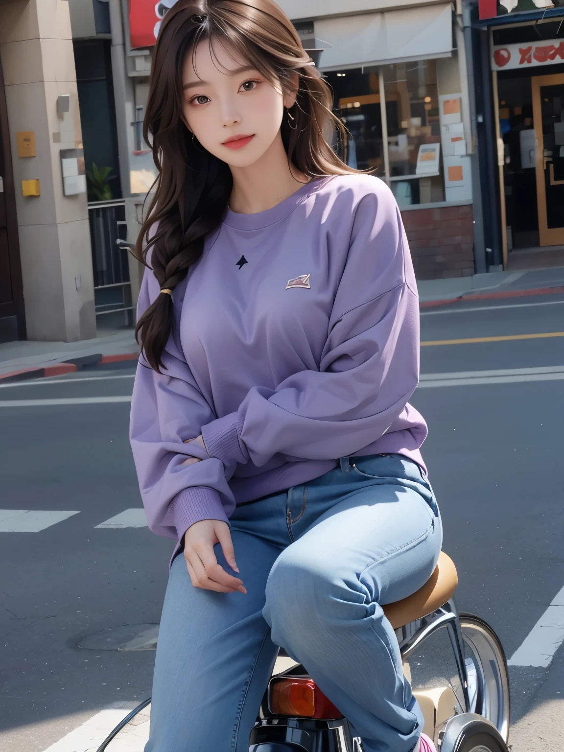 (masterpiece:1.3), (8K, realistic, Raw photo, highest quality:1.4), (realistic face), (brown hair, One knitting, braided hair:1.3), Beautiful Hairstyles, realistic eyes, Detailed and beautiful blue eyes, (realistic肌質), (beautiful skin), (((riding a motorcycle))), charm, ultra high resolution, 超realistic肌, (Natural light)、golden ratio, ((smile)), ((full body shot)), (((Purple Sweatshirt)))、((Skinny jeans and sneakers))