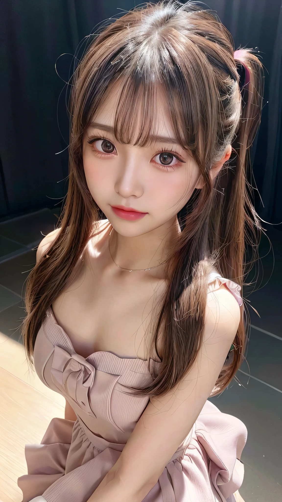 close up of face,blush,face forward,close up of face,small ,14 yearair ponytail,concert,on stage,((8K, Raw photo, best quality, muste piece:1.2), (Reality, photorealistic:1.4), (Highly detailed 8K wallpaper), Depth of the bounds written, cinematic lighting, soft light, detailed beauty eye,Shiny and smooth light brown ponytail, asymmetrical bangs, shiny skin, super detailed skin ,high resolution, high detail, detailed hairstyle, detailed beauty face, hyper real, perfect limbs, perfect anatomy ,1 Japanese girl,famous japanese idol, perfect female body,shy smile,short eyelashes,double-edged eyelids,look straight here,Hair style is ponytail、She is wearing a skirt with lots of frills,pose is random,Pink frilly dress,close up of face