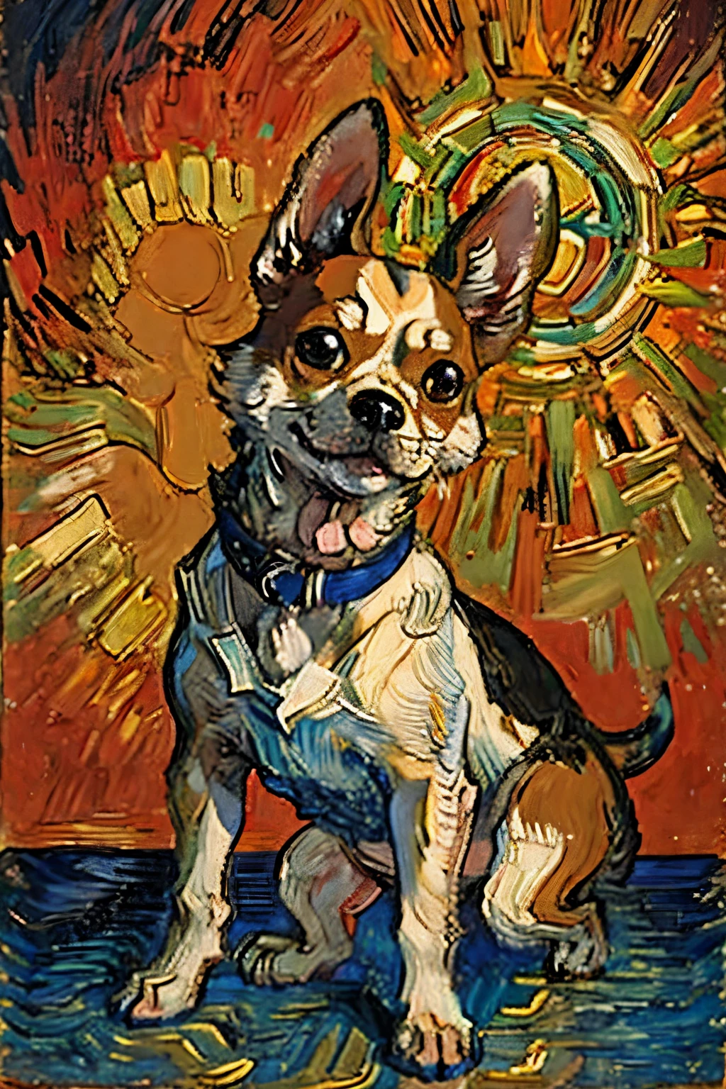 Chihuahua dog , Portrait of chihuahua dog adventurer ,radiation mosaic:1.2, catch the sun:0.8, Like shards of glass that infuse warmth and energy into the space:0.4 Flash and Dance., oil painting
