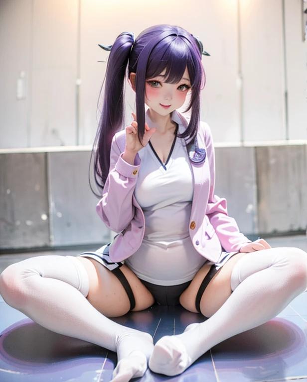 masterpiece, best quality, high quality, High resolution, 1 girl, alone, thigh,plump figure,knee socks,long purple hair, white jacket, shorts, , city road, sexy pose, blush, Shy, Smile, V-neck shirt, very shorts, spread legs, in the room,Show belly,tight vest