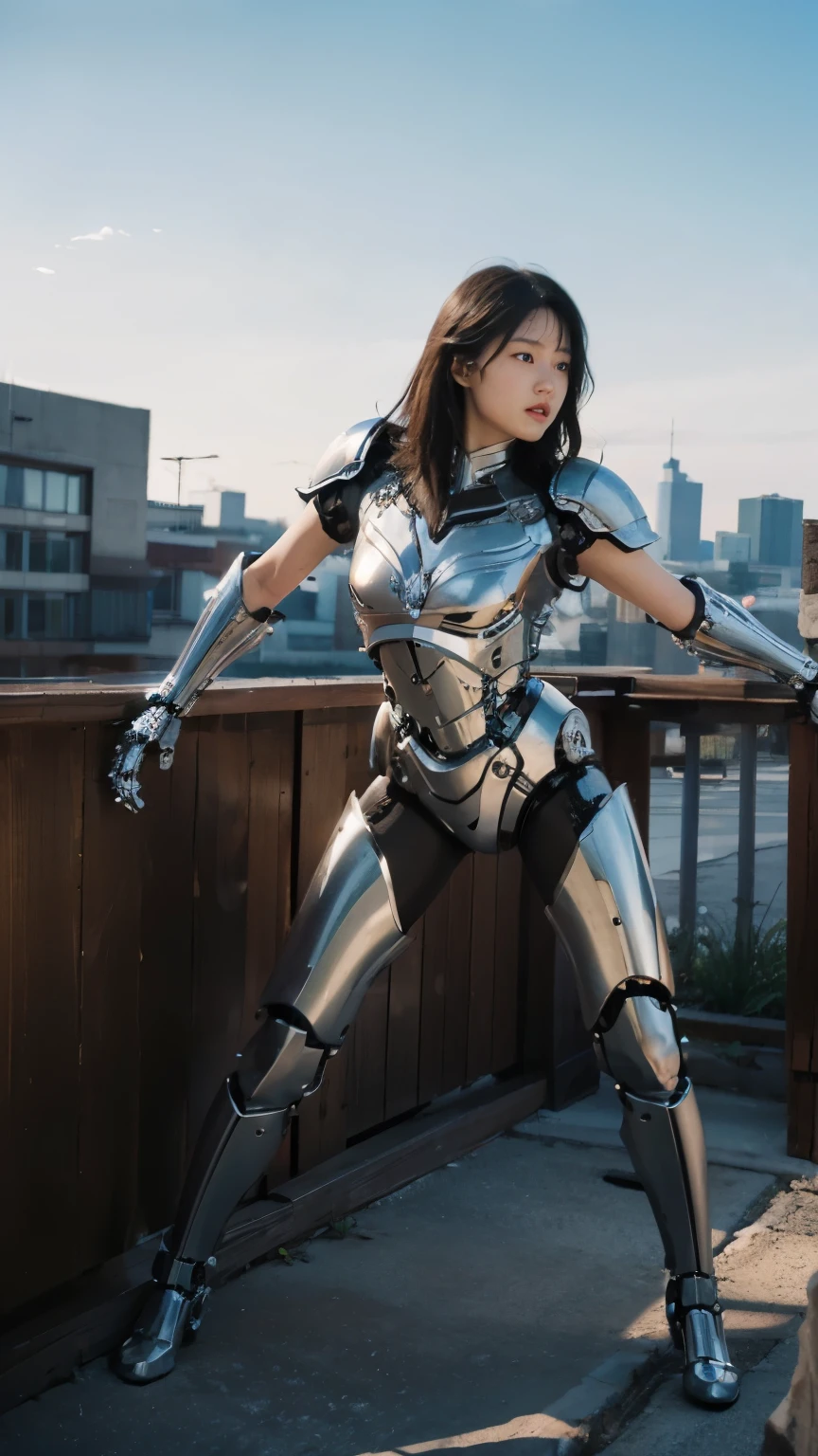 (masterpiece, best quality:1.2), (8k uhd, 16k, 32k, ultra high res), (photorealistic:1.37), (RAW photo), ultimate-realistic, ultimate-realistic details, ultimate-realistic texture, ultimate-intricate details, ultimate-realistic lighting, ultimate-realistic shadow, japanese girl, ultimate-cute face, ultimate-RAW skin, ultimate-realistic eyes, (mechanical:1.4), (armor), full body, wide shot, fighting pose