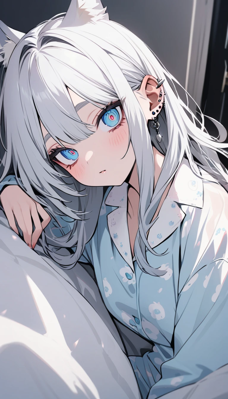 a girl with long white hair wearing pajamas and has a lot of piercing on her ears. her eyes are blue-ish grey