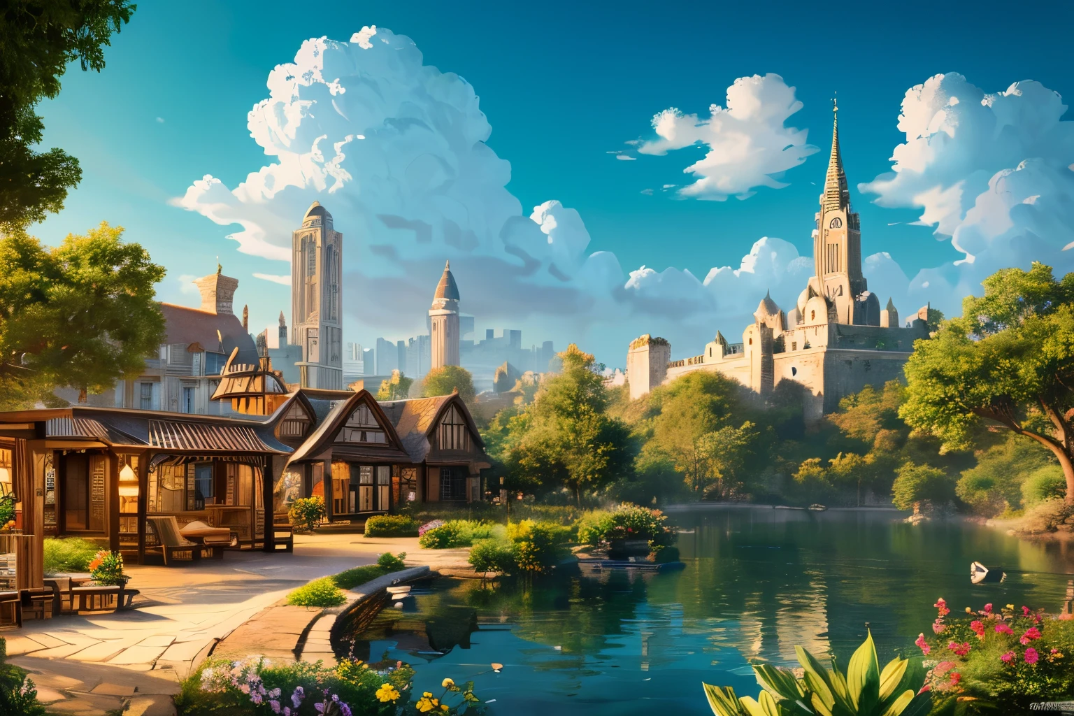 Here is a photo of a city on a small island., highly detailed illustrations, High quality architectural art, Highly detailed vector art, Worldbuilding, Beautiful high resolution, Monumental structures, Written by Jason Benjamin, European Buildings, Beautiful artwork illustration, highly detailed illustrations.」, big towers, 4K HD Wallpaper Illustration, awesome wallpaper, Travel Posters, beautiful detailed background