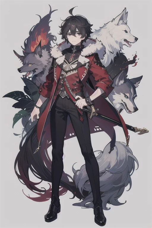 ((best quality)), ((masterpiece)), (detailed), perfect face 1boy in a red coat and black pants with a sword, genshin impact character, noble character design, , anime character design, character adoptable, keqing from genshin impact, shadowverse design, male , black hair with white highlights, male punk theme,fur-trimmed jacket,wolf theme messy hair, mullet hair, full body