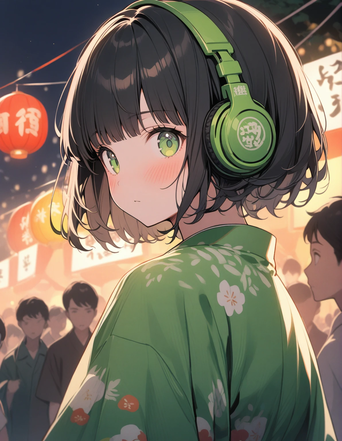 1 girl, green eyes, black hair, short hair with bangs, dressed in a green kimono, upper body, looking at the viewer, summer festival in Japan, night, a lot of people, green headphones on her head, confused, blush, dissatisfied, gentle tones