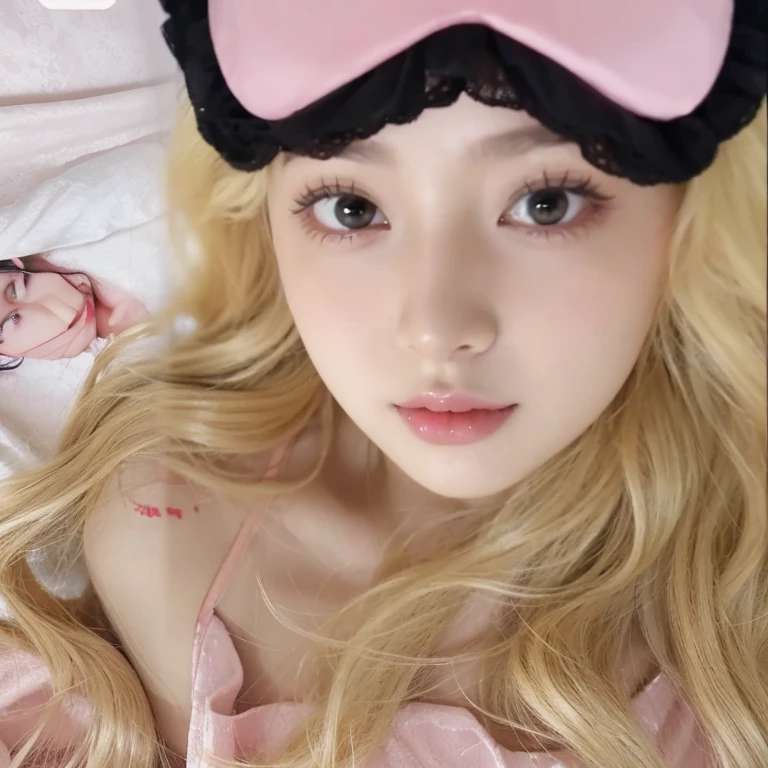 There is a black-haired woman with green eyes wearing a pink mask lying on the bed wearing a nightgown of the same color.., sexy, ulzzang, kim minju, pale korean adorable face, de*uno