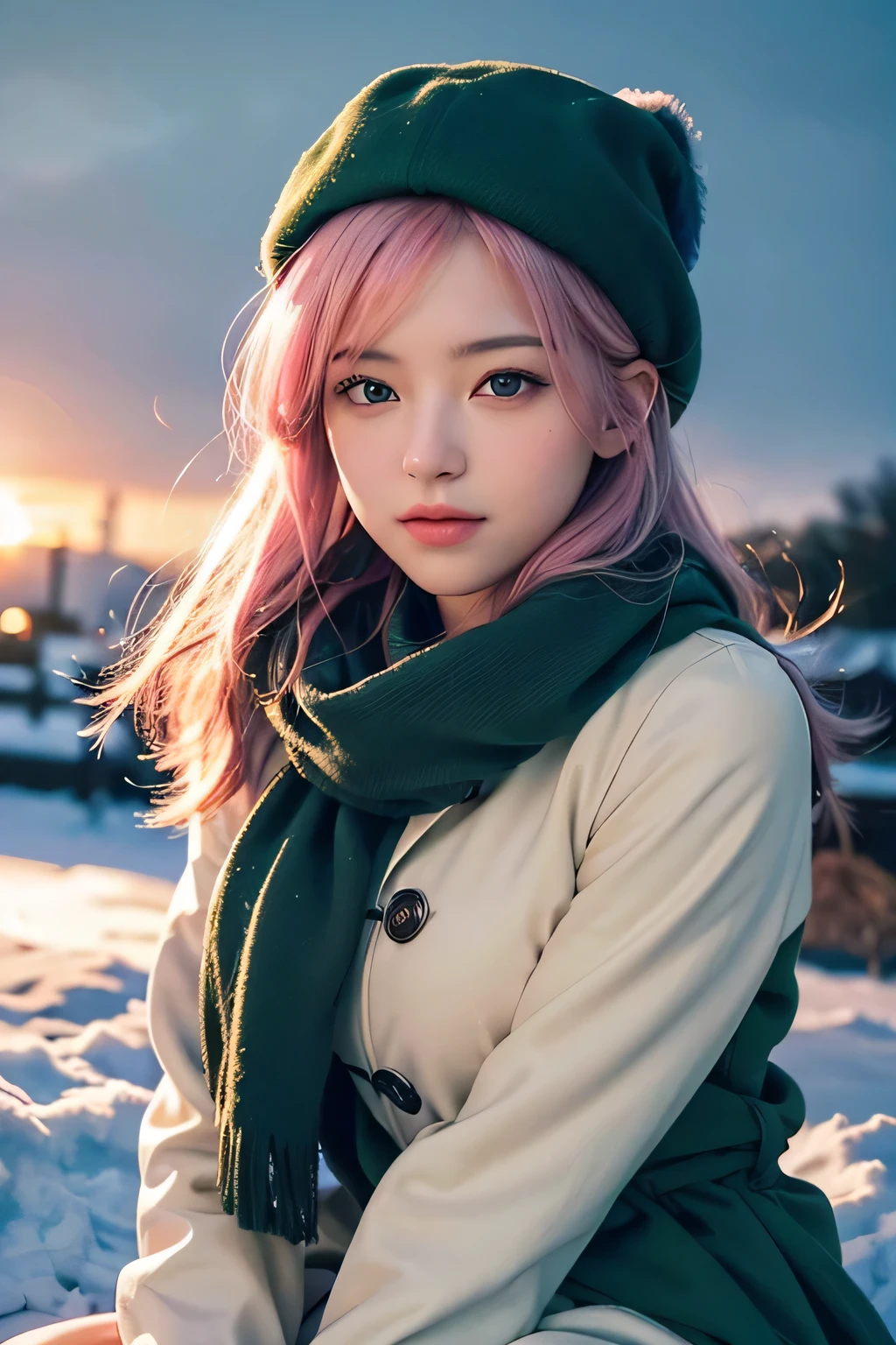 (8K, 最high quality, masterpiece:1,2), (realistic, Photoreal:1.37), Super detailed, one girl,), (very detailed), (beautiful detailed eyes), (highest quality), (Super detailed ), (masterpiece), (detailed face),20-year-old, ,1 girl, ((pink hair)), medium breasts, dressed, perfect lighting, Focus on pussy and breasts, looking at the viewer,  Emerald Green Coat, Dark chocolate brown scarf, wool beret. (high quality:1.3) length, green hair, flowing hair, Sitting slightly elegantly, hopeful smile. (high quality:1.2) Accessories include classic gloves, Fur hat, Hold the book. (high quality:1.4) A pose that captures elegance while waiting in the winter twilight, The snow-covered ground accentuates the cold atmosphere.. (high quality:1.5) Utilize software, Warm lighting highlighting the female silhouette against the backdrop of dusk.