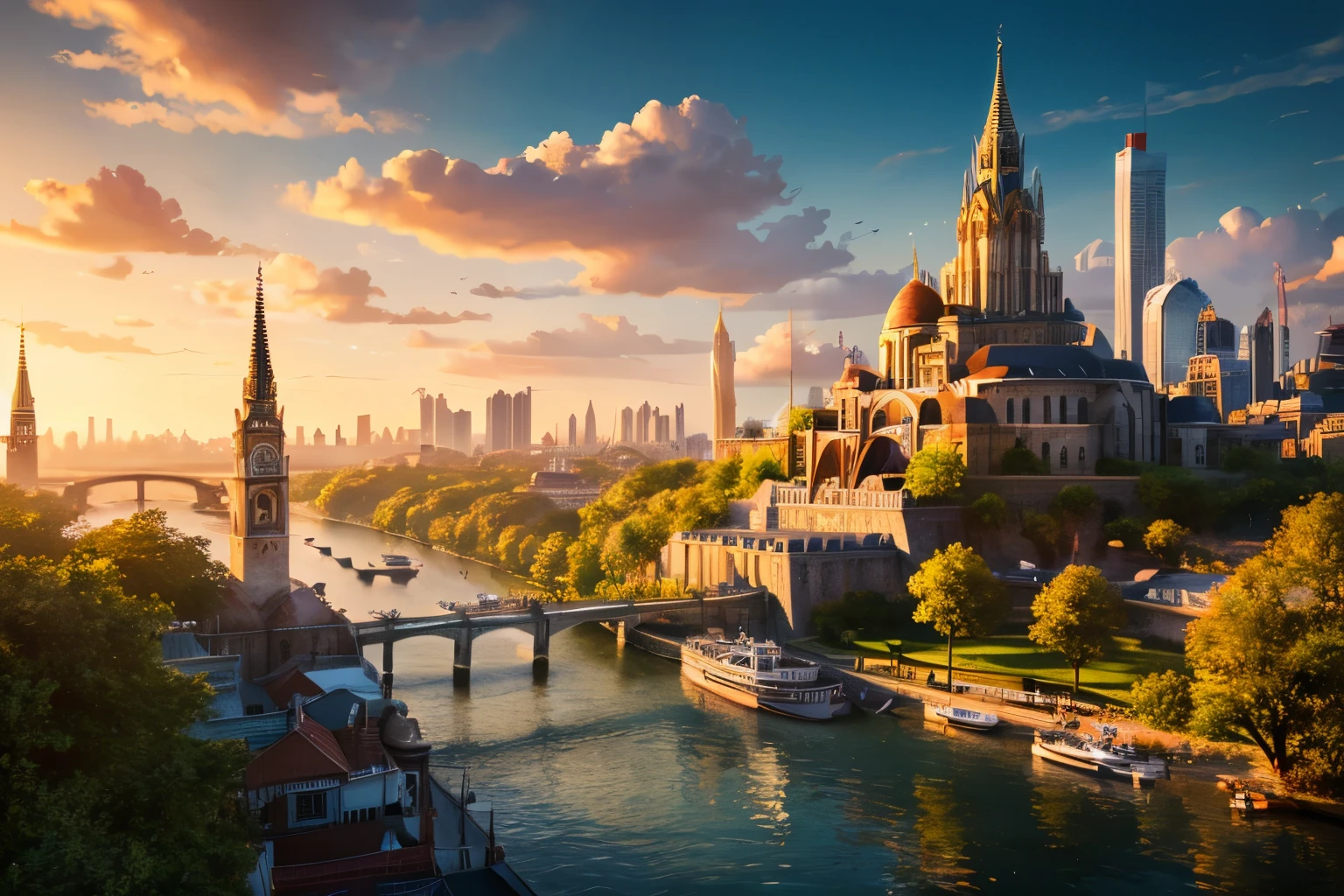 Here is a photo of a city on a small island., highly detailed illustrations, High quality architectural art, Highly detailed vector art, Worldbuilding, Beautiful high resolution, Monumental structures, Written by Jason Benjamin, European Buildings, Beautiful artwork illustration, highly detailed illustrations.」, big towers, 4K HD Wallpaper Illustration, awesome wallpaper, Travel Posters, beautiful detailed background