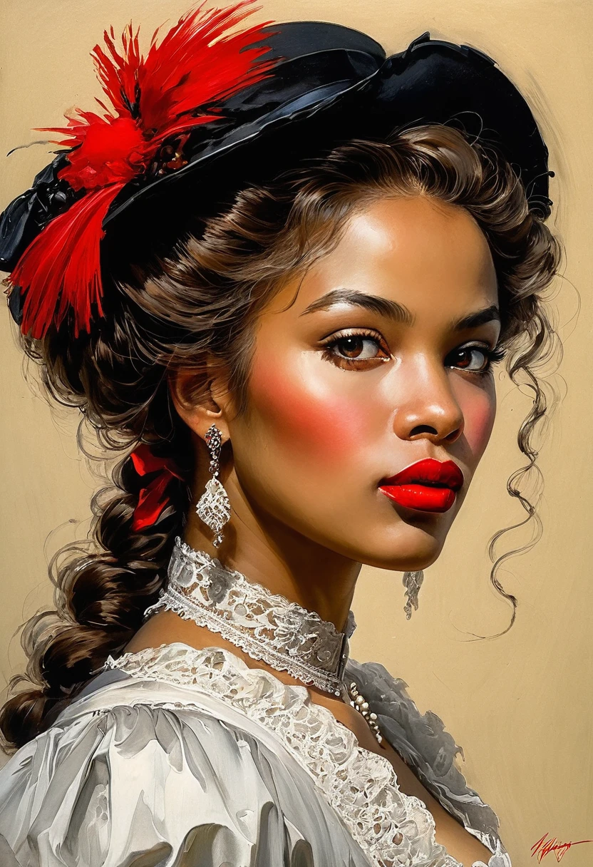 Victorian Hungarian black women Women of the 19th century, Hazel hair, Red lips, Nice feature, Wadim Kashin, james gurney, ink, Splash Art", Amazing beauty , Royo, after sexing, Super detailed splash art modern European ink painting