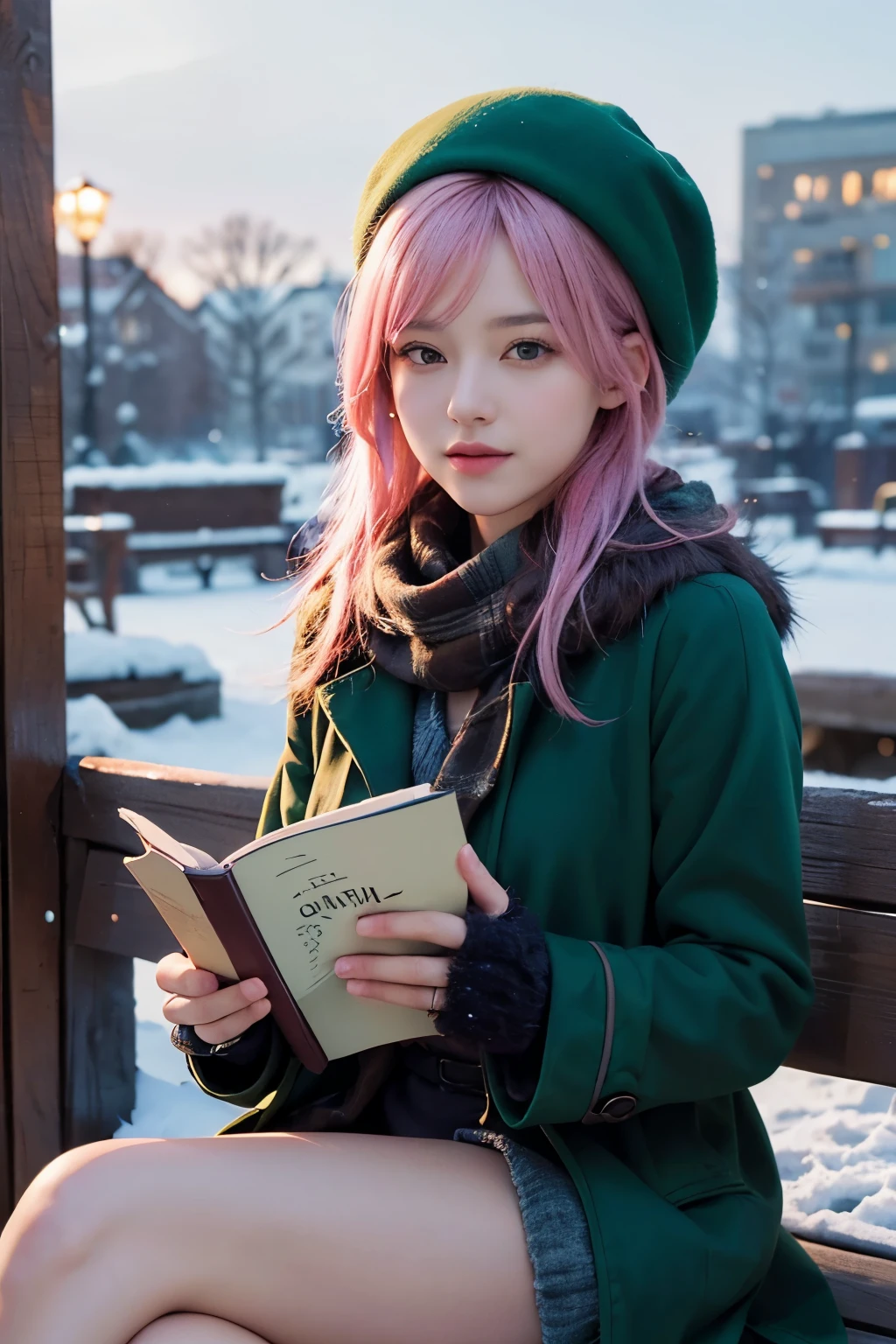 (8K, 最high quality, masterpiece:1,2), (realistic, Photoreal:1.37), Super detailed, one girl,), (very detailed), (beautiful detailed eyes), (最high qualityの), (Super detailed ), (masterpiece), (detailed face),20-year-old, ,1 girl, ((pink hair)), medium breasts, dressed, perfect lighting, Focus on pussy and breasts, looking at the viewer, Emerald Green Coat, Dark chocolate brown scarf, wool beret. (high quality:1.3) length, green hair, flowing hair, Sitting slightly elegantly, hopeful smile. (high quality:1.2) Accessories include classic gloves, Fur hat, Hold the book. (high quality:1.4) A pose that captures elegance while waiting in the winter twilight, The snow-covered ground accentuates the cold atmosphere.. (high quality:1.5) Utilize software, Warm lighting highlighting the female silhouette against the backdrop of dusk.