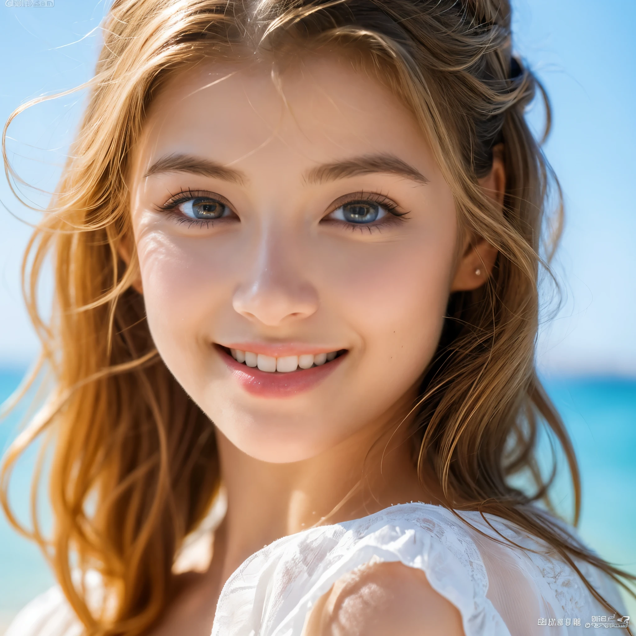(best quality, 8K, master piece:1.3), In-depth delineation, Extremely beautiful blue eyes, beautiful blonde, The ultimate beautiful lips, highly detailed eyes and face, white skin, long eyelashes, cut hair in layers:1.2, perfect skin texture, Pearly Teeth, bright lipstick, White bandeau dress:1.5, Mysterious Smile, elegant posture, Illuminated by soft sunlight。In the background of the beach、Blue skies and white sandy beaches。The wind is blowing lightly、The white dress flutters gracefully。Her beautiful eyes shine like the deep sea、The presence of eyelashes and eyes catches your eye instantly.。Her beautiful lips are smiling、There's a hint of mystery in that smile.。この美しい女性はまるでmaster pieceのようであり、It is drawn with minute detail like an 8K image.。This is truly part of an artistic portrait.、It's sure to captivate the audience.。