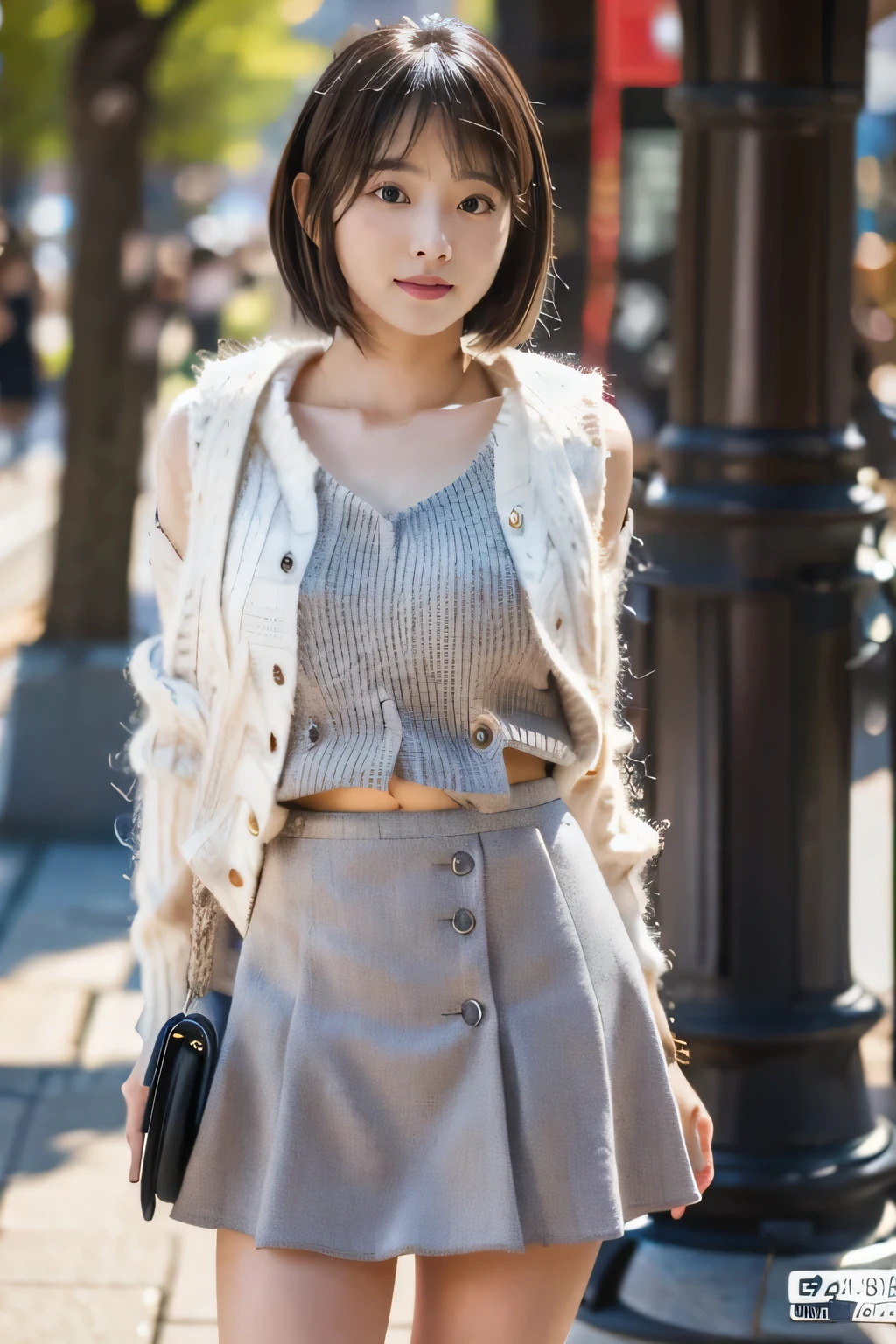 masterpiece, highest quality, Photoreal, Super detailed, finely, High resolution, 8k wallpaper, Professional, Advanced level of detail, ((One 20-year-old girl:1.2)), Slender Japanese women,cute lips, detailed clavicle, Medium 、perfect face, (Cute short hair:1.5), chestnut hair、cute face、White Mohair Sweater、(Grey Mini Flared Skirt:1.5)、black short boots、( poses in the shopping district:1.2)