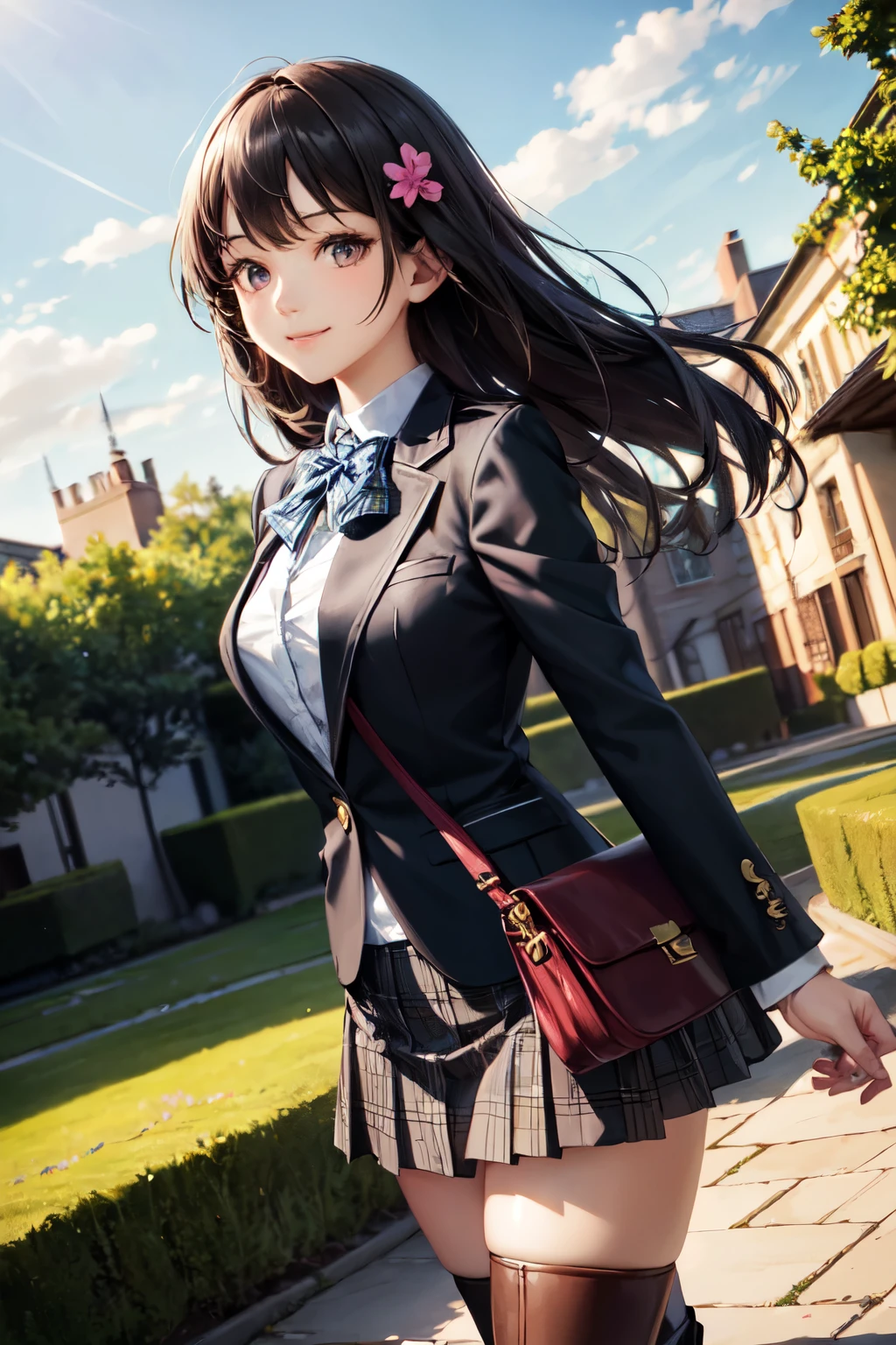 very cute and beautiful girl,(highly detailed beautiful face),(smile),happy,cowboy shot,
(brown blazer uniform),collared shirt,plaid bowtie BREAK detailed legs,zettai ryouiki,brown shoulder bag,brown boots,
stylish pose,dynamic angle,hair ornament,black hair,(blue plaid mini skirt:1.2),(azalea,shrubbery),stone pathway,garden,
(best quality,masterpiece:1.0),absurdres,highres,ultra-detailed,extremely detailed,32k,8k resolution,
intricate details,cinematic scene,detailed background,solo,dynamic angle,
solo,natural lighting,hair fluttering in the wind,beautiful detailed sky,