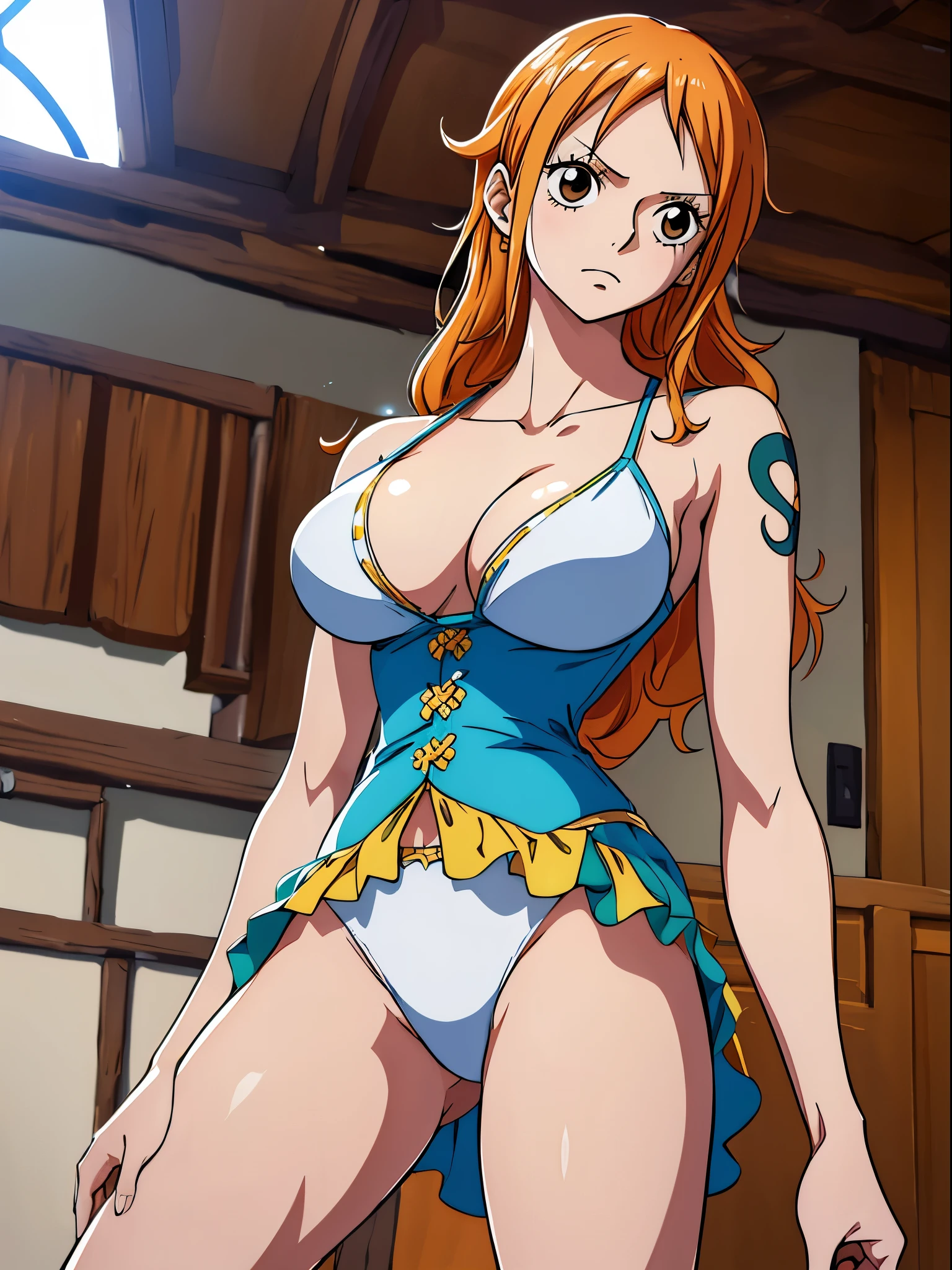 (Nami from one piece),very light orange and yellowish haired girl,beautiful brown eyes, blushing, looking at the viewer,from below, medium breasts,blushing,((arms behind head)), ((show both armpits)), sexy legs,cameltoes. (white sexy lingerie).The art style should resemble a captivating anime style. (best quality, 4k, 8k, highres, masterpiece:1.2), ultra-detailed, and (realistic, photorealistic, photo-realistic:1.37) rendering. HDR, UHD, studio lighting, ultra-fine painting, sharp focus, physically-based rendering, extreme detail description, professional, vivid colors, and bokeh. . light orange hair and have nami tattoo in her left shoulder her hair colour should little yellow, room background , ((standing)), legs open, dynamic pose,