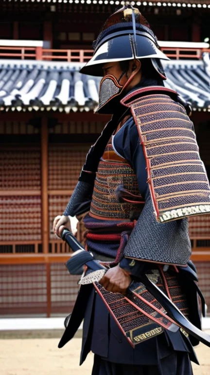 Japanese samurai in black armor、Wearing all black armor、Raising a sword with both hands、Raising a sword with both hands、wearing black armor、Delicate and very beautiful image quality、Photo quality、Both of them are shown in full body、The background is a Japanese bamboo grove、The corpses of samurai who died in battle are scattered around、It's daytime, but it's foggy and a bit dark.、The samurai in black armor wears an iron mask with a white beard under his nose.、