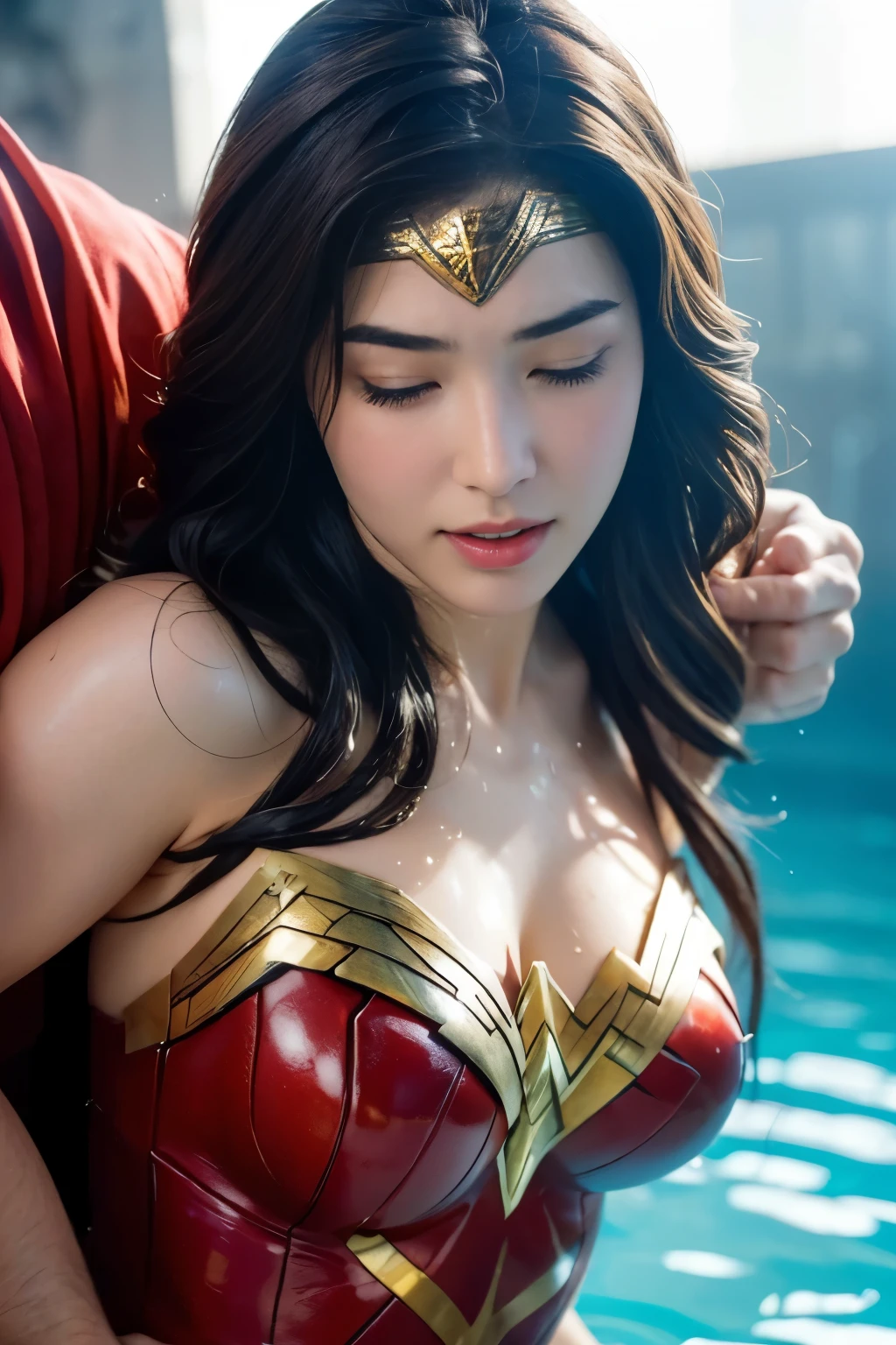 in water,perfect wonder woman costume,whole body,Having your head held down under water,Being submerged in a pool,Drowning in the pool,Face submerged in water,in waterに潜る,Submerge your face in water,inside the pool,Inside the fountain,Soaked in water,Soaking wet wonder woman,sleeping face,Close ~ eyes,open your mouth,tired face,face of suffering,sleeping face,soaking wet hair,Soaked Hair,wet body,fight the men,surrounded by men,,caught between men,Being licked by men,Intertwining with men, Attacked by men,assaulted by men,Being bullied by guys,being sexually abused by a man,Captured by a man,Being detained by a man、touch your face,、Hair is pulled hard,My head is grabbed,Grab my head,brown hair, masterpiece、beautiful girl、fine 目、puffy eyes、highest quality, 超High resolution, (reality: 1.4), movie lighting,super beautiful、beautiful skin、(超reality的な)、(High resolution)、(8K)、(very detailed)、(beautiful and fine 目)、(Super detailed)、 detailed face、slanted bangeshi hair、brown hair、20-year-old、Wonder Woman Cosplay