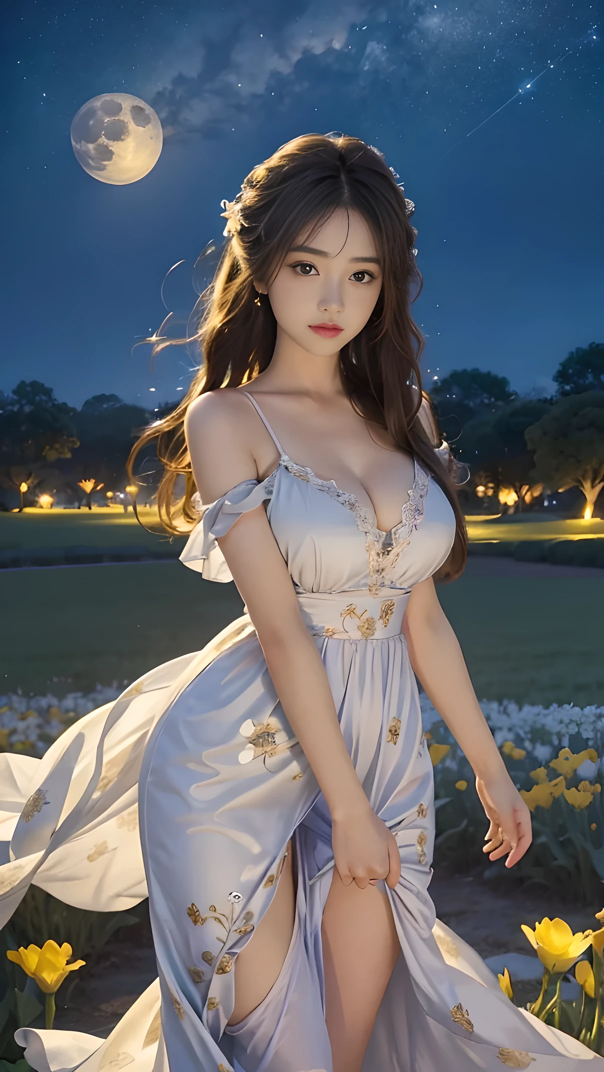 full hd 8k Girl standing in front of a field full of brilliant flowers. It was dark but the moonlight was bright, illuminating the girl's beautiful face. The girl raised her hand to the sky as if she wanted to touch the bright moonlight. The girl's arms are spread wide, creating an extremely impressive and majestic scene. The flower garden appeared before the girl's eyes, creating an emotional and romantic scene. Her long, silky hair was gently blown by the night wind, creating a gentle and romantic feeling. She looked up at the starry sky, as if searching for something, her eyes showing a pensive and lonely look. The full moon shines in the night sky creating a beautiful scene. The photo was taken from a far angle, capturing the girl's entire body, including the shining full moon. The girl has long, silky hair, creating a luxurious and noble beauty. The moonlight shines on the girl's delicate face, highlighting her large, round light brown eyes, creating a natural, gentle beauty. She wears a long yellow dress with many patterns printed on it. Her plump breasts were exposed, revealing her plump and extremely sexy breasts. The thigh-skimming dress revealed one sexy thigh, highlighting her sexy beauty. Her dress is delicately designed with curving curves, creating a soft, feminine beauty. These images capture detailed panoramic portraits and views of the sky and flower gardens. All create a beautiful, beautiful picture that makes people unable to take their eyes off the scene. All of these details are depicted clearly and sharply, creating sexy poses,