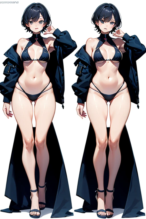 masterpiece,Awards, high quality,High resolution,HD,4K,8K,high quality,1girl, solo, standing, charturnerv2:0.5, full body character turnaround of 1lady, Multiple views of the same character in the same bikini, (simple background, white background:1.3), multiple views, (2views:1.5), side view, front view, character painting, two-dimensional culture,microbikini,short hair