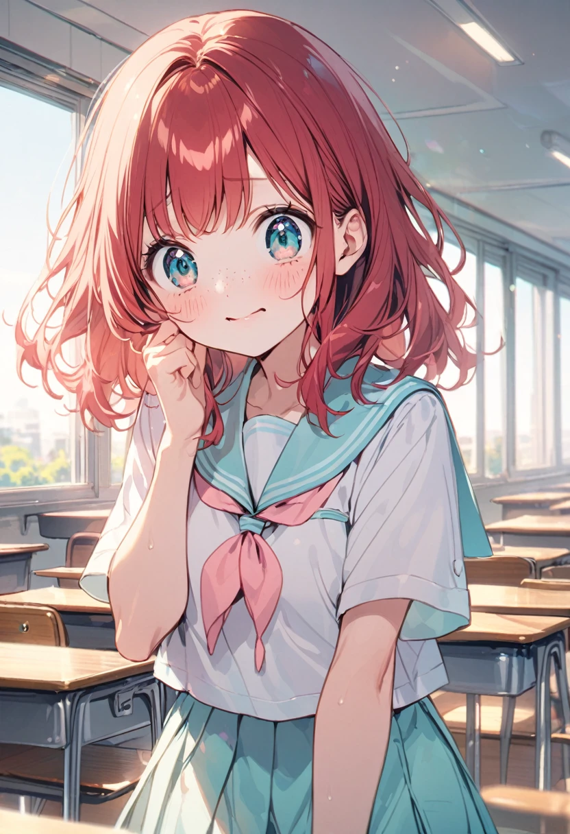 young girl(red hair, shy, freckles, big eyes),serafuku,classroom, happy, pastel color