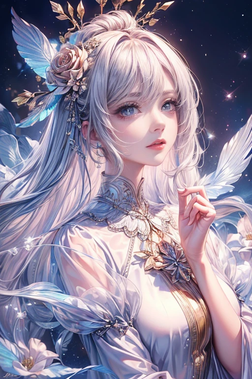 (highest quality, 8K, cg, Beautiful details upper body, , thumb girl, taffeta coat dress, flower background, complex facial features, Long flowing hair, almond shaped eyes, Elaborate eye makeup, long fluttering eyelashes, Big eyes blink with a starry gaze, exquisite lip detail, soft and harmonious style)