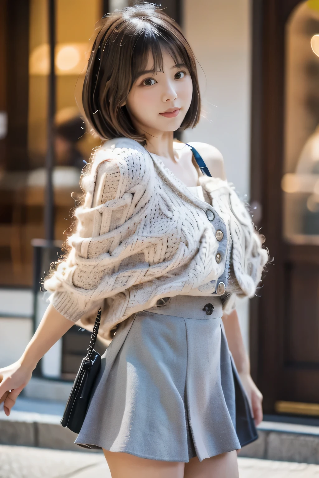 masterpiece, highest quality, Photoreal, Super detailed, finely, High resolution, 8k wallpaper, Professional, Advanced level of detail, ((One 20-year-old girl:1.2)), Slender Japanese women,cute lips, detailed clavicle, Medium chest、perfect face, (Cute short hair:1.5), chestnut hair、cute face、White Mohair Sweater、(Grey Mini Flared Skirt:1.5)、black short boots、(Sexy poses in the shopping district:1.2)、Perfect Professional Potion