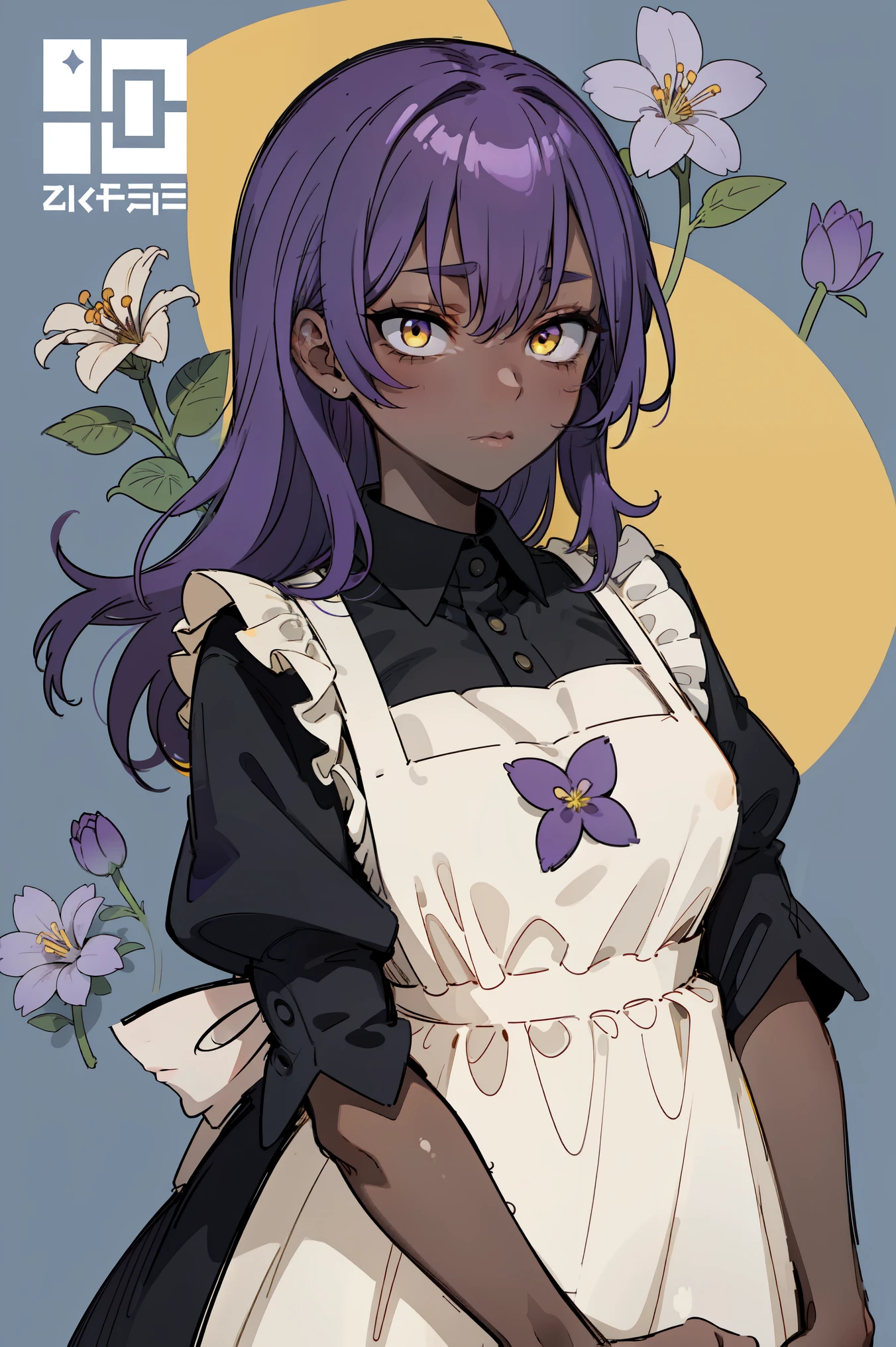 young woman, dark skin, purple hair, square, bangs cover the eye, purple flowers in hair, Yellow eyes, a green dress, dress with yellow elements, white apron
