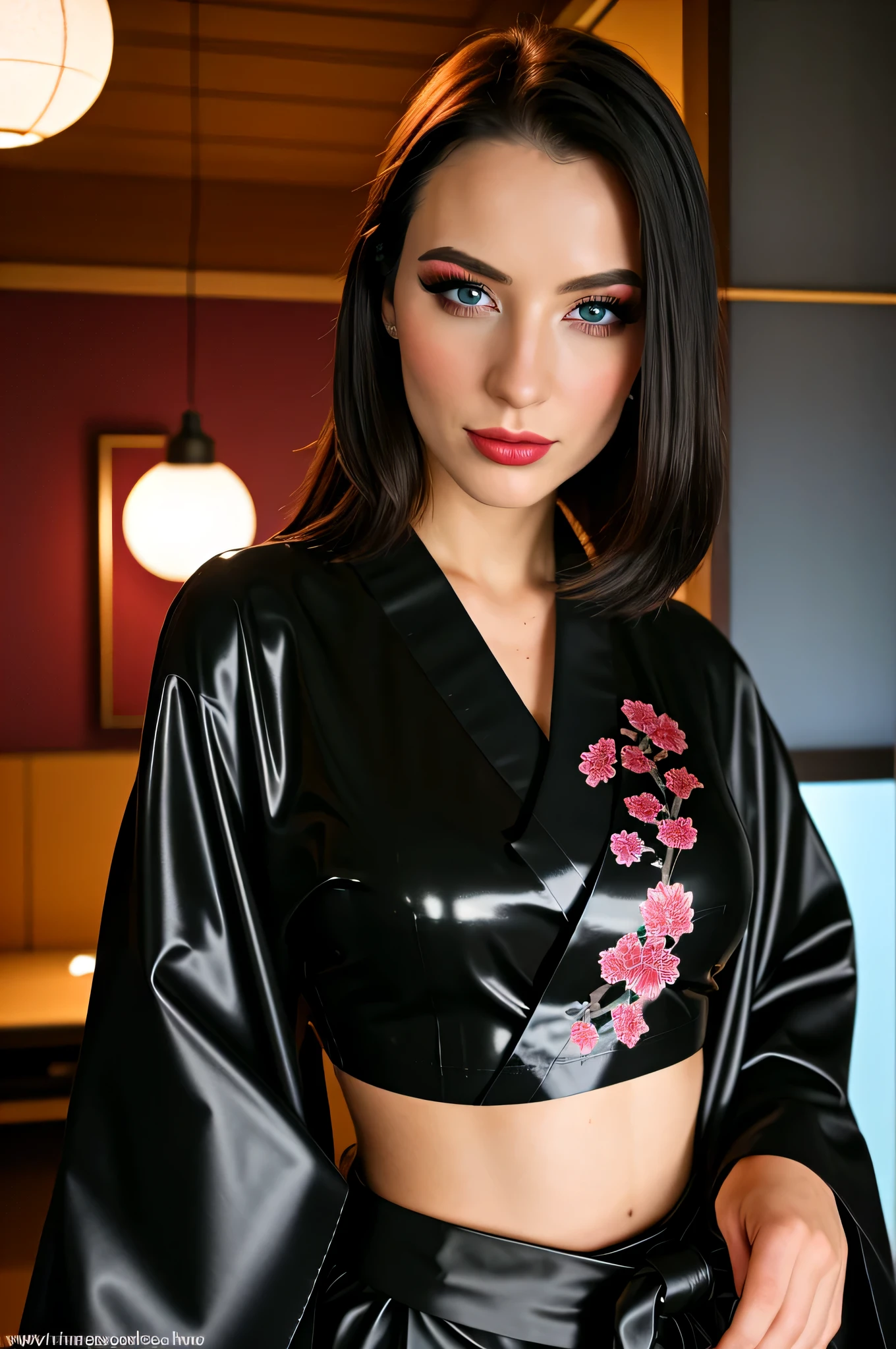 E-Girls_Villa_Blackee steht in ihrem Streamer-Raum, Neonlichter, Gamer-Raum, perfektes schwarzes Haar, Egirl-Make-up, Modernes Foto, (wears a black kimono, Latex:1.4), 24mm, (analog, filmisch, Filmkorn:1.3), , beautiful slim sexy woman, ((detaillierte Augen)), ((Lange Wimpern)), (epischFoto), Lange Wimpern, (Schimmernde Lippen),
