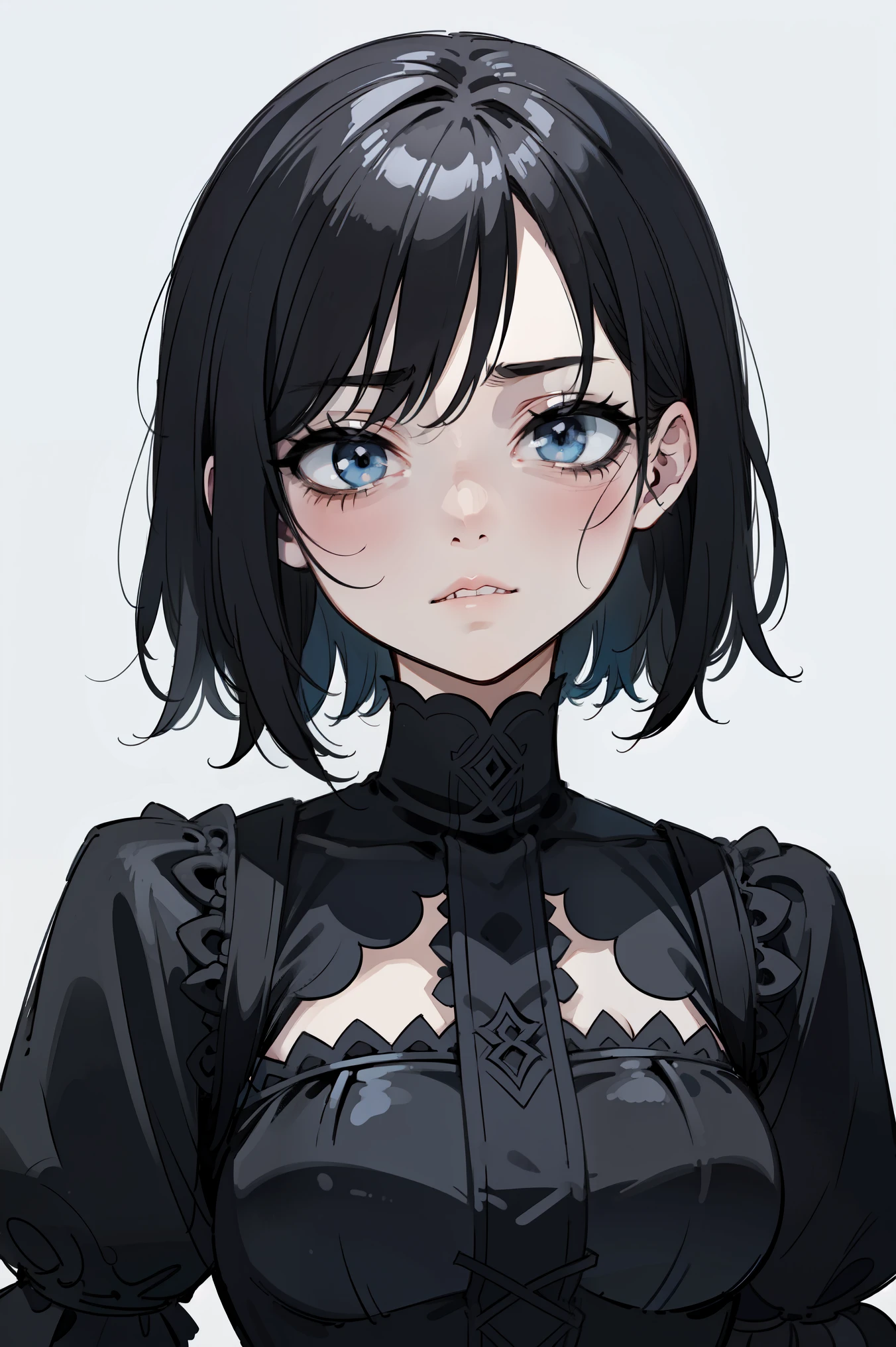 1 girl, black hair, black eye,simple background,gothic fashion,bob hair,anime drawing
