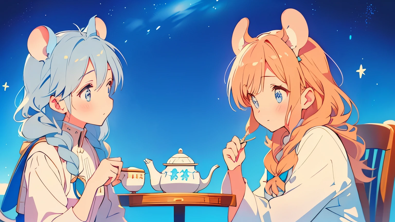 Two mouse-eared women、Elsa and Anna、simple clothes、tea time、starry sky, like Disney Sea.