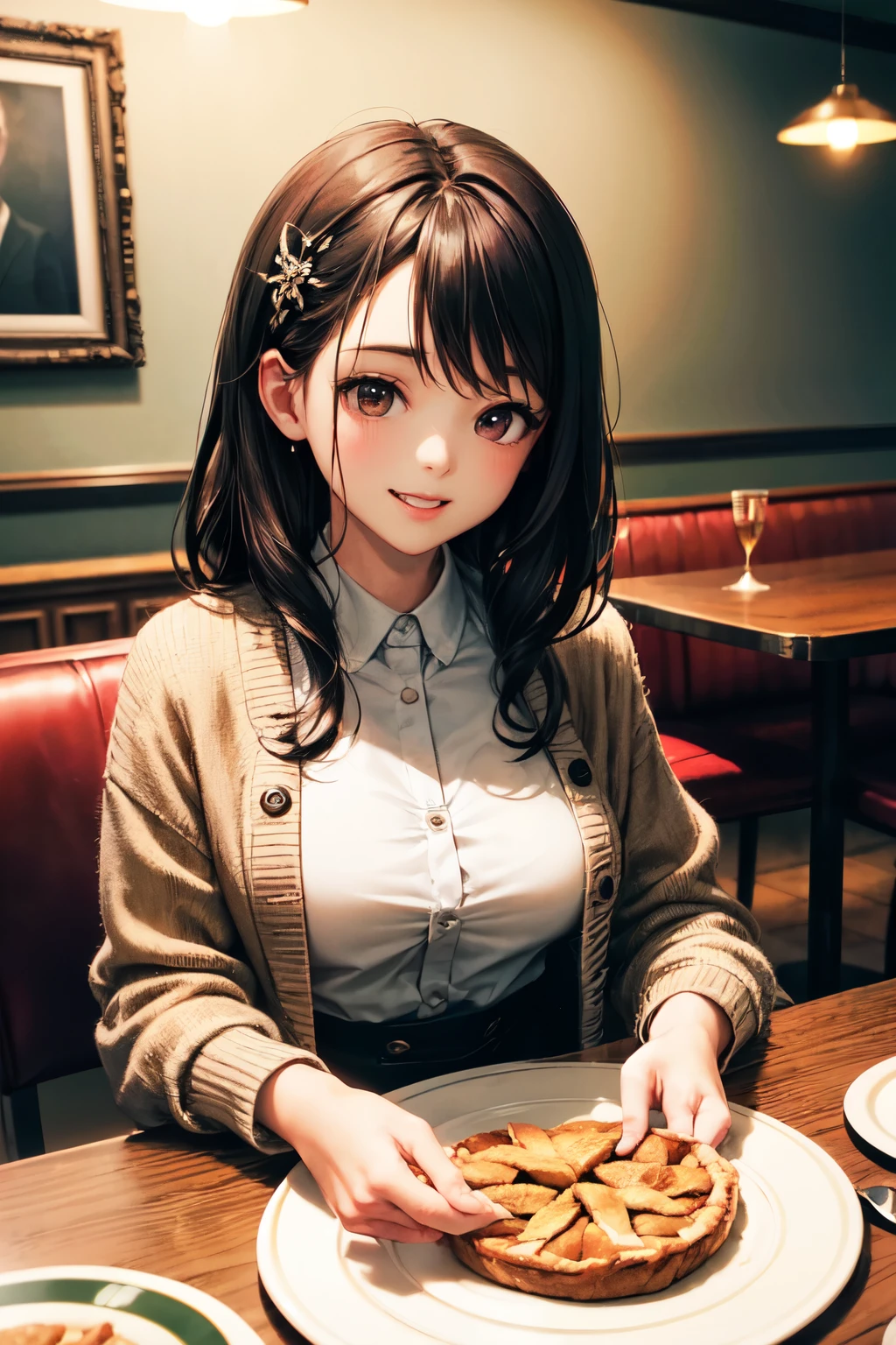very cute and beautiful girl sitting on chair in antique retro restaurant,(highly detailed beautiful face),
white blouse,laugh,(beige cardigan) BREAK dynamic angle,hair ornament,black hair,pleated black mini skirt,
(cups of tea),(apple pie on plate),distant some persons at table,depth of field,
(best quality,masterpiece:1.0),absurdres,highres,ultra-detailed,extremely detailed,32k,8k resolution,
intricate details,cinematic scene,detailed background,solo,dynamic angle,