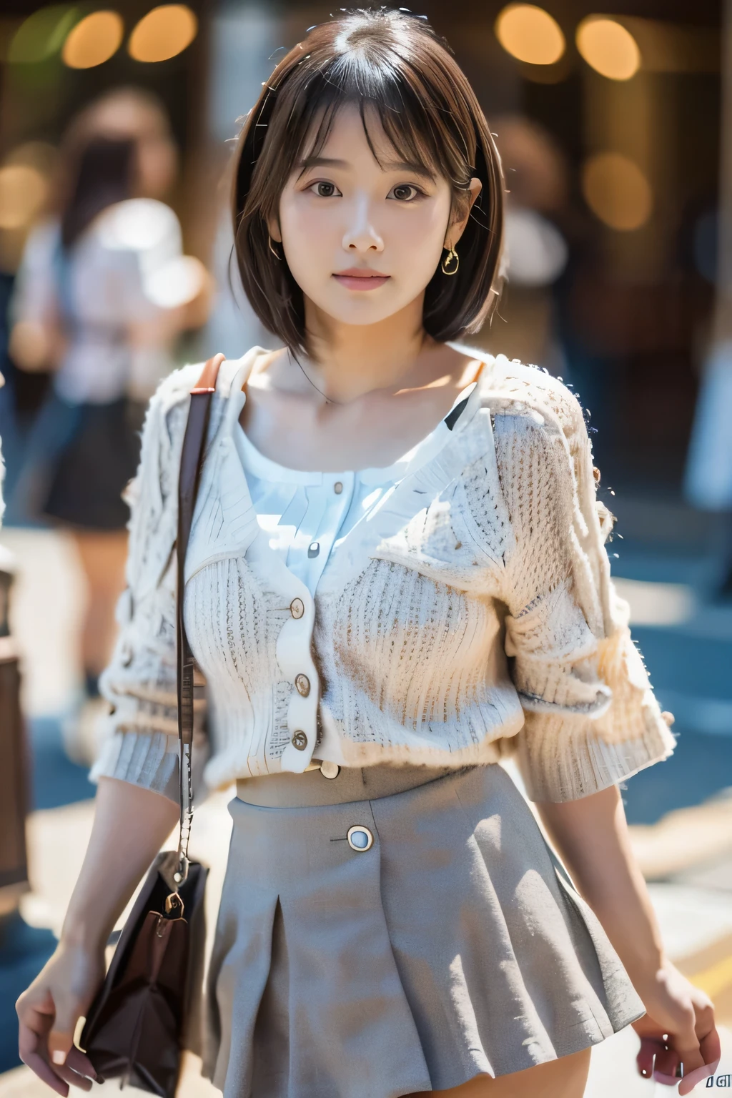 masterpiece, highest quality, Photoreal, Super detailed, finely, High resolution, 8k wallpaper, Professional, Advanced level of detail, ((One 20-year-old girl:1.2)), Slender Japanese women,cute lips, detailed clavicle, Medium chest、perfect face, (Cute short hair:1.5), chestnut hair、cute face、White Cardigan、(Grey Mini Flared Skirt:1.5)、black short boots、(Sexy poses in the shopping district:1.2)、Perfect Professional Potion