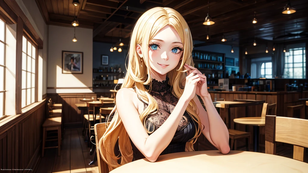 1girl only, smile, ((long blonde hair, Between dates.)), low-cut black cropped, ((cleavage is visible.)), medium breasts, black and red plaid skirt, sarcastic, shy, blushing, ((light skin) ),((short sleeves))