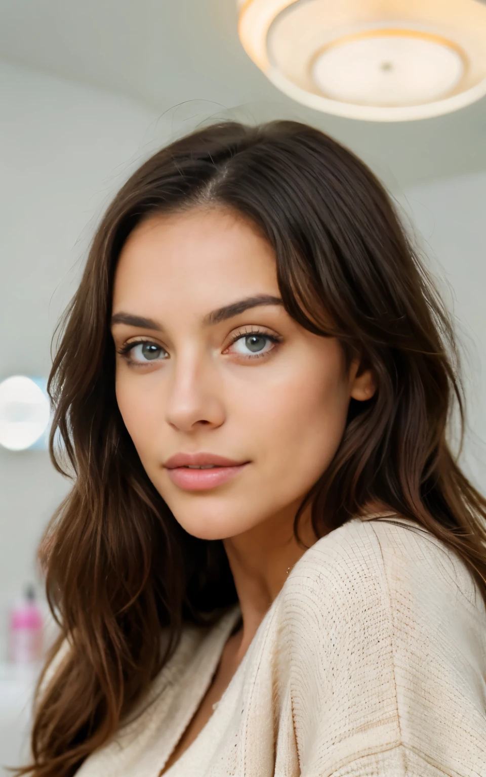 Beautiful brunette in a light beige sweater (Nail care in a modern beauty salon), very detailed, 21 years old, innocent face, natural wavy hair, Blue eyes, A high resolution, masterpiece, Best quality, complex parts, very detailed, sharp focus, detailed skin, realistic skin texture, texture, detailed eyes, professional, 4K, Charming smile, shot on Canon, 85 mm, shallow depth of field, Цвет Kodak Vision, perfectly toned body, extremely detailed, Photor_\(ultra\), Photorealistic, realistic, Treatment after, maximum details, roughness, real life, ultra realist, photorealism, Photo, 8k UHD, Photo, full face