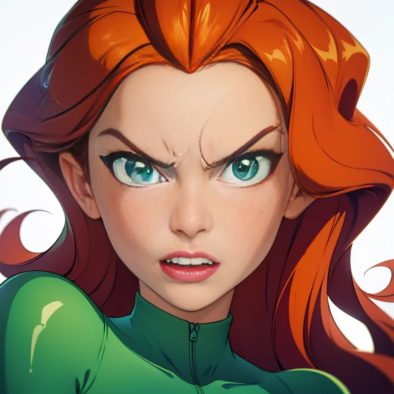 (masterpiece, best quality), face portrait of sam \(totally spies\), orange hair, long hair, green eyes, green body suit, looking at viewer, ((angry expression)), shouting, mad, (white background)