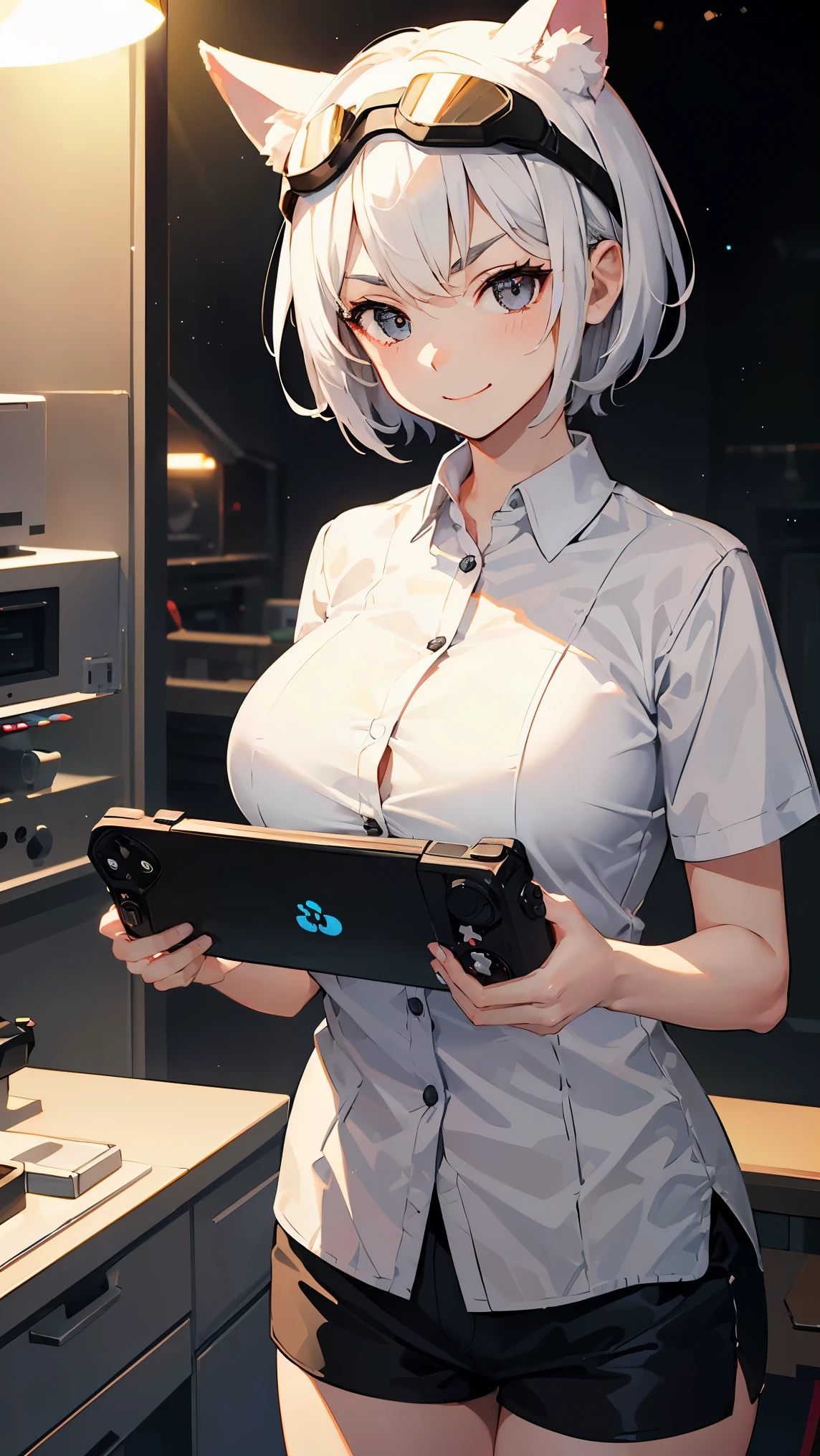 1girl, v-shaped eyebrows, smile, (very short hair:1.3, black goggles:1.2), white hair, black eyes, dog ears, huge breast, wallpaper, landscape, depth of field, night, (holding a game controller:1.2), Laboratory Room, light particles, light rays, sidelighting, japanese , (black shorts, white loose shirt:1.3)