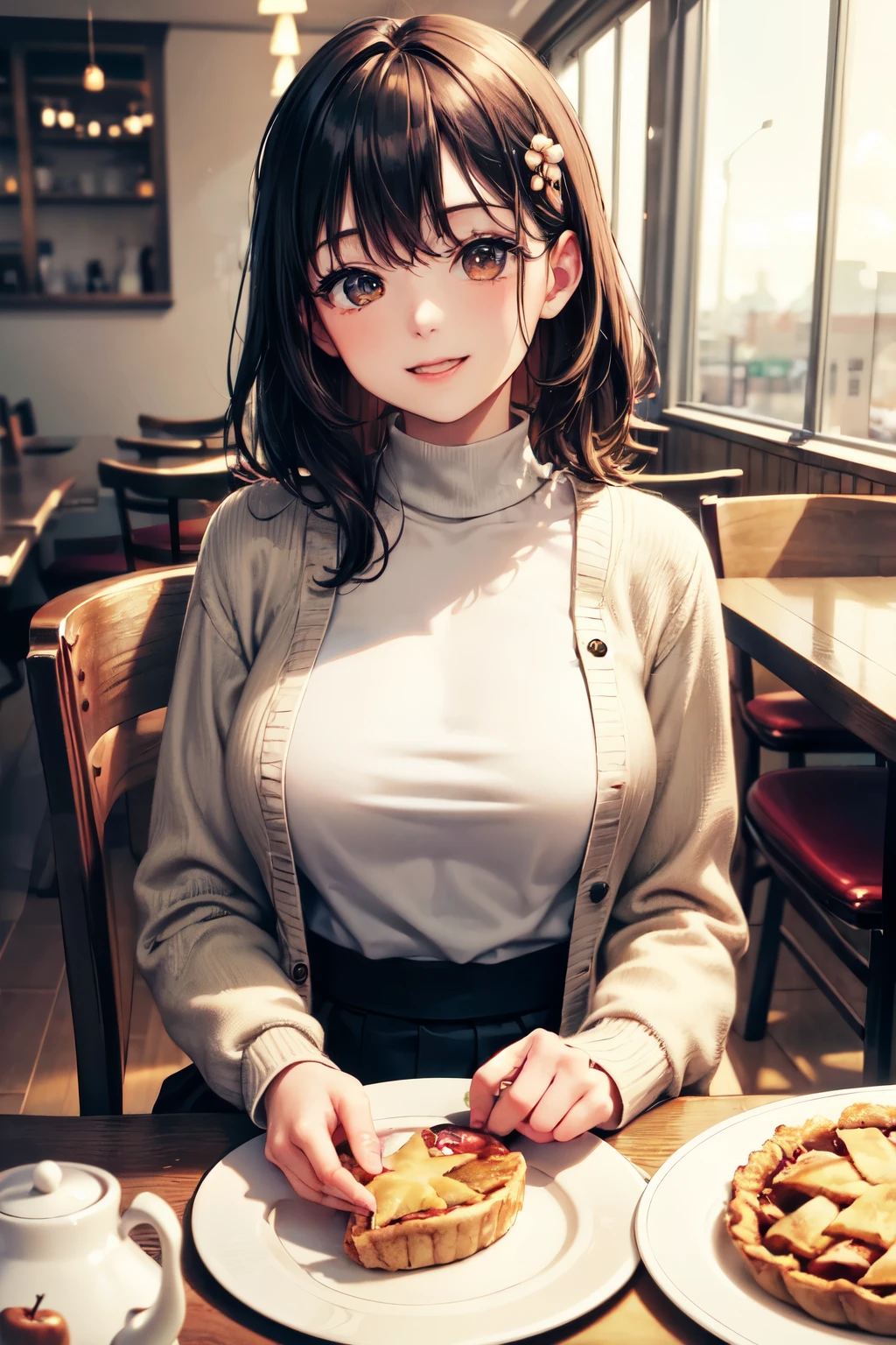 very cute and beautiful girl sitting on chair in antique retro restaurant,(highly detailed beautiful face),
white blouse,laugh,(beige cardigan) BREAK dynamic angle,hair ornament,black hair,pleated black mini skirt,
(cups of tea),(apple pie on plate),distant some persons at table,depth of field,
(best quality,masterpiece:1.0),absurdres,highres,ultra-detailed,extremely detailed,32k,8k resolution,
intricate details,cinematic scene,detailed background,solo,dynamic angle,