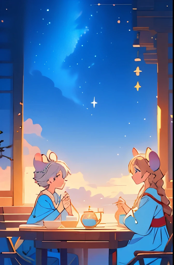 Two mouse-eared women、Elsa and Anna、simple clothes、tea time、starry sky, like Disney Sea.