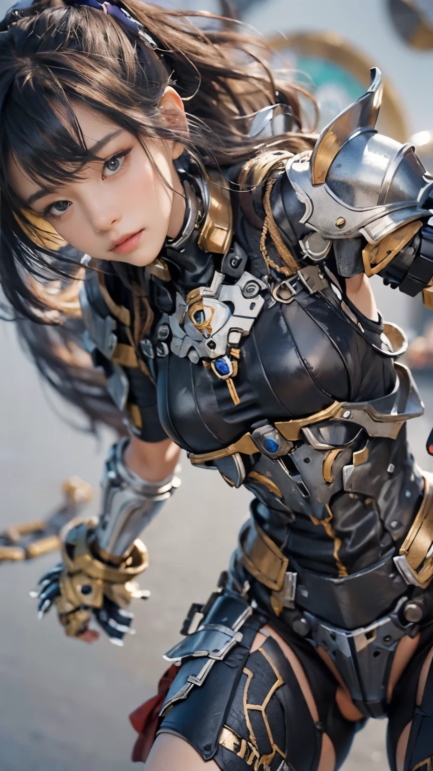 (masterpiece, best quality:1.2), (8k uhd, 16k, 32k, ultra high res), (photorealistic:1.37), (RAW photo), ultimate-realistic, ultimate-realistic details, ultimate-realistic texture, ultimate-intricate details, ultimate-realistic lighting, ultimate-realistic shadow, japanese girl, ultimate-cute face, ultimate-RAW skin, ultimate-realistic eyes, (mechanical:1.4), (armor), full body, wide shot, fighting pose