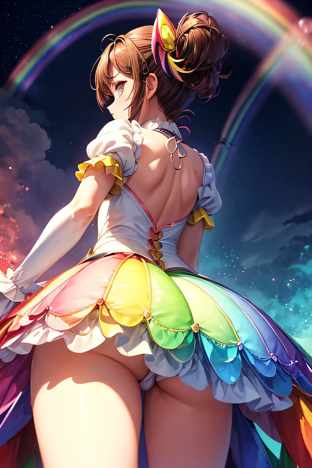 (((back view)))、(((Rainbow Magical Girl Costume)))、((Panty shot))、Beautiful Magician、short brown hair、((whole body))、(((photo taken from below)))、The background is darkness