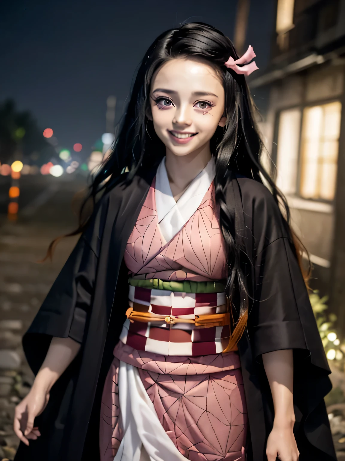 place：(night:1.7), hostel, action：whole body,Dynamic posture,Ghost, trap：(pink kimono),(Black feather weave),(checkered sash), character：Nezuko Kamado,Demon slayer, hair：black hair hair,((pink eye)), Pink little ribbon ,long hair , Long Hair, Locking a Role： 1 girl,alone,Young 15-year-old,beautiful finger,beautiful long legs,beautiful body,beautiful nose,beautiful character design, perfect eyes, perfect face, Eye&#39;s expression：smile,  (innocent_big_eye:1.0),(smile:1.5), quality: official art,Highly detailed CG Unity 8K wallpaper, Perfect lighting,colorful,  (masterpiece:1.0),(Highest_quality:1.0), 超High resolution,4k,Super detailed, photo shoot, 8K, HDR, High resolution, absurd :1.2, kodak portrait 400, film grain, (lively_color:1.2),smile,