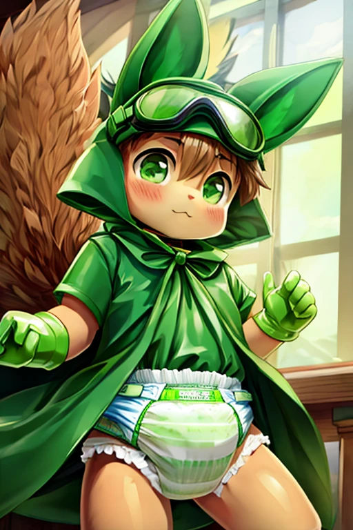 boy, furry, blown squirrel ears, animal ear fluff, bodyfur, blown squirrel tail, green goggles, green club budge, green neckerchief, green salior collar, green cloak, light green polo shirt, short sleeves, diaper, green rubber gloves, green wellington boots