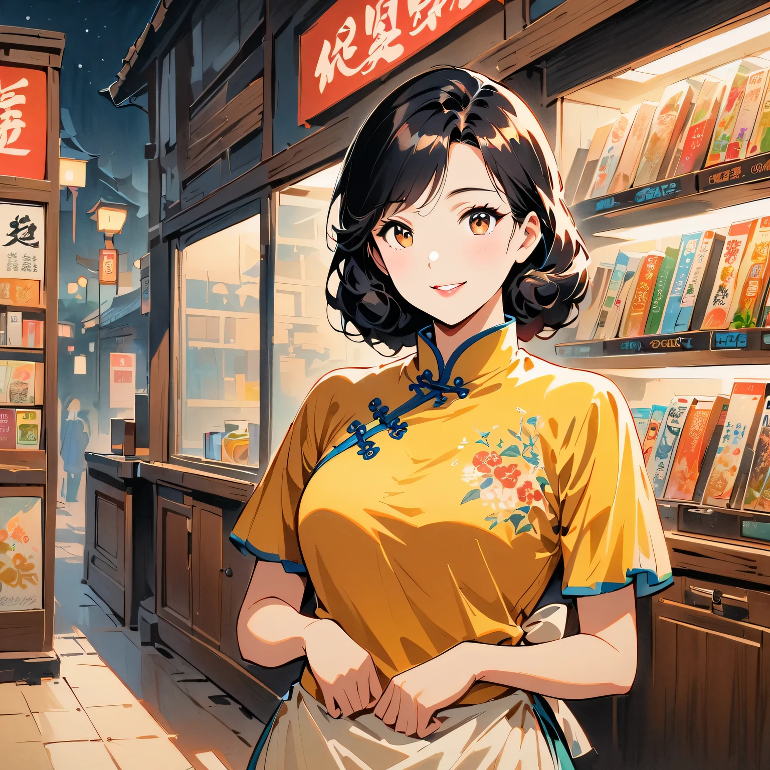 Retro movie style, medium shot, depth of field, midnight,Female convenience store owner,black hair,brown eyes,delicate lips,put on apron,confident smile,Neat appearance,Chinese traditional spring clothing,floral pattern,Standing in a brightly lit convenience store,antique wooden furniture,Elaborately carved decoration,Chinese traditional elements,Instant noodles on the shelf Refreshing drinks Magazines and newspapers Lottery rack,Clean Floor,Creative store decoration,Window stickers,shadow,(best quality,Super fine,Photorealism),traditional media, Immersive Reality,bright colors,Street view at night,Outdoor Signs,moonlight sky,Vibrant color palette,Defocused lights in the background create a warm and inviting atmosphere
