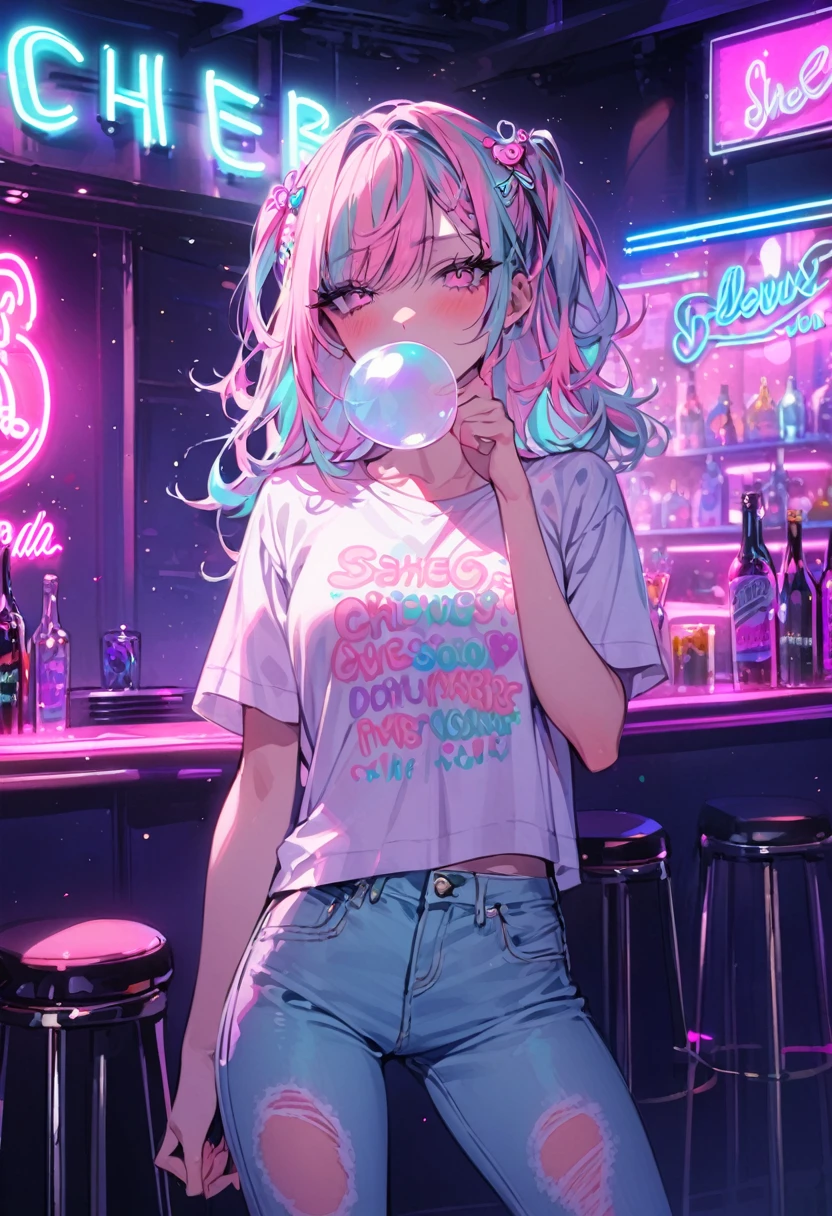 young girl(multicolor hair, t-shirt, seductive look, jeans), standing, indoors, decora, pastel color, night club, neon lights, she chews gum, blows a bubble