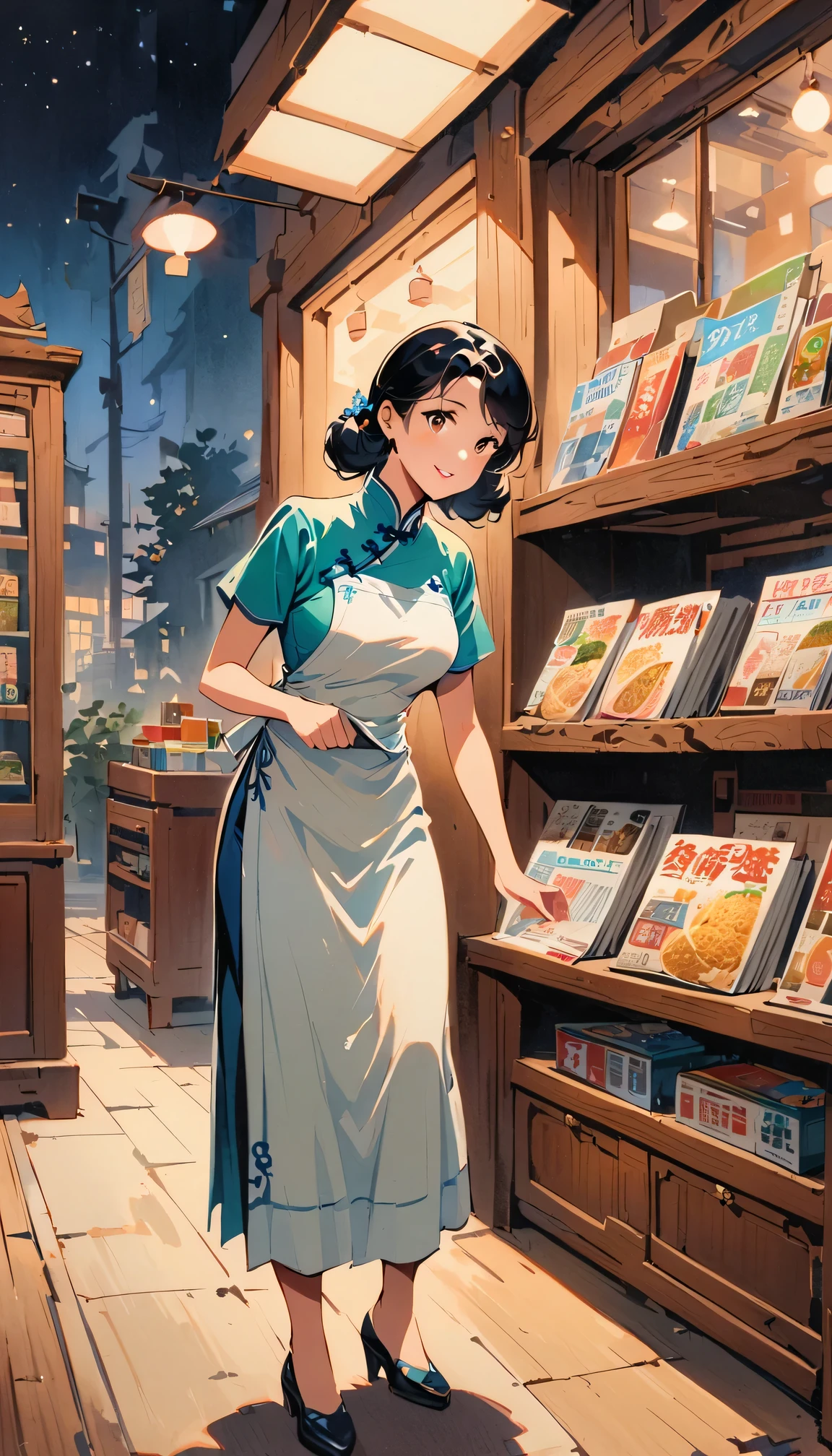 Retro movie style, medium shot, depth of field, midnight,Female convenience store owner,black hair,brown eyes,delicate lips,put on apron,confident smile,Neat appearance,Chinese traditional spring clothing,floral pattern,Standing in a brightly lit convenience store,antique wooden furniture,Elaborately carved decoration,Chinese traditional elements,Instant noodles on the shelf,Refreshing drinks,Magazine,newspaper,Lottery rack,Clean Floor,Creative store decoration,Window stickers,shadow,(best quality,Super fine,Photorealism),traditional media,Immersive Reality,Street view at night,Outdoor Signs,moonlight sky,Defocused lights in the background create a warm and inviting atmosphere