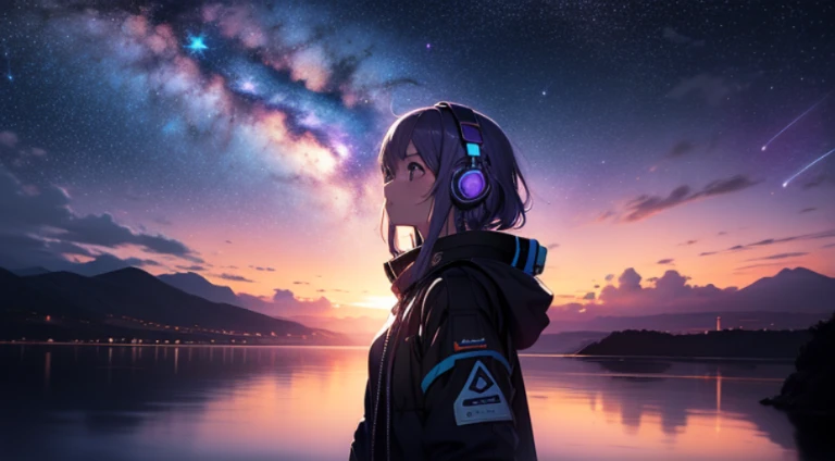 A girl wearing headphones、Looking up at the night sky with the vast purple-blue Milky Way galaxy visible beyond the horizon。.. Distant Photography. cinematic. wide angle. 4k.