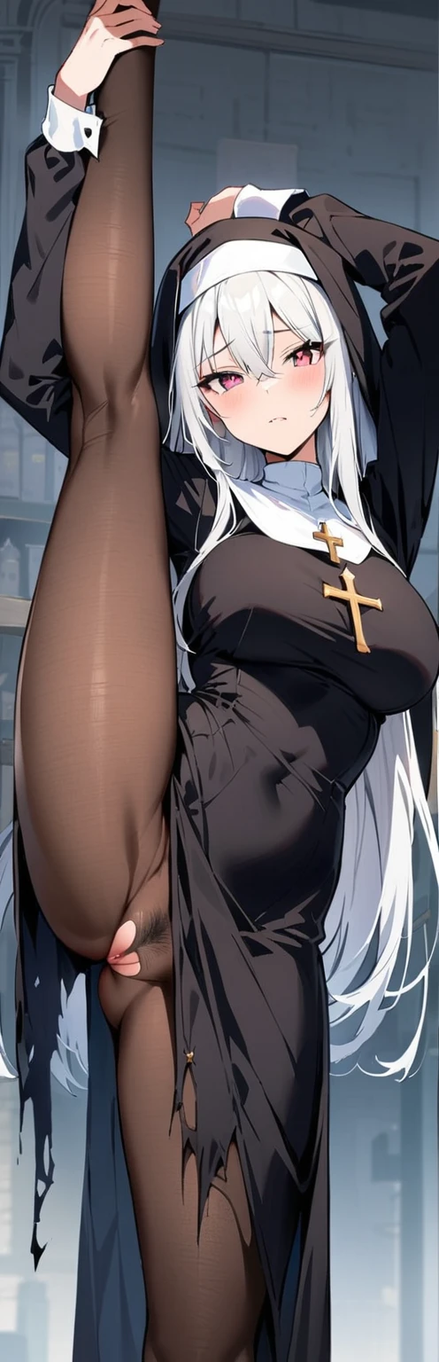 (masterpiece, highest quality:1.2), 1 girl, alone,Are standing_Split, nun, During cross, long hair, white hair, (torn clothes), nunの服,black hat, black dress, turtleneck, long sleeve, (Thorn body stocking), pussy_hair